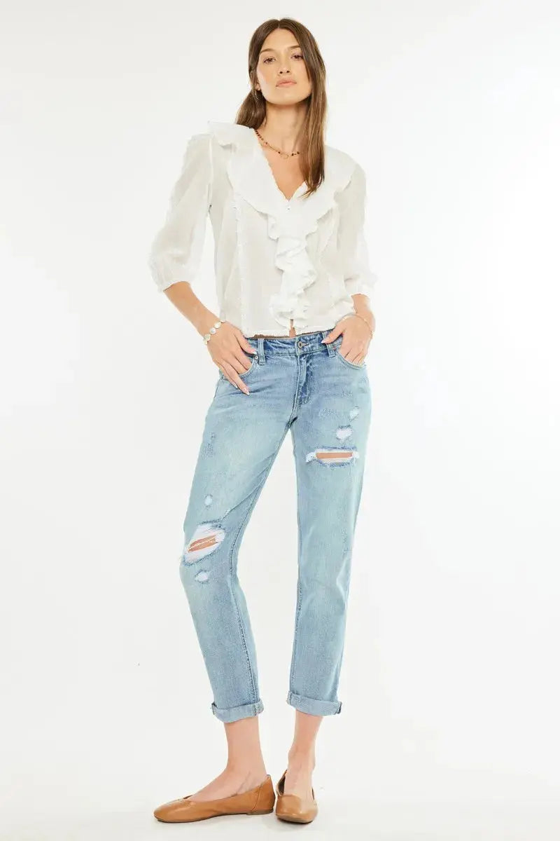 Mid Rise Distressed Kancan Boyfriend Jeans - Light Wash - Be Bliss Boutique