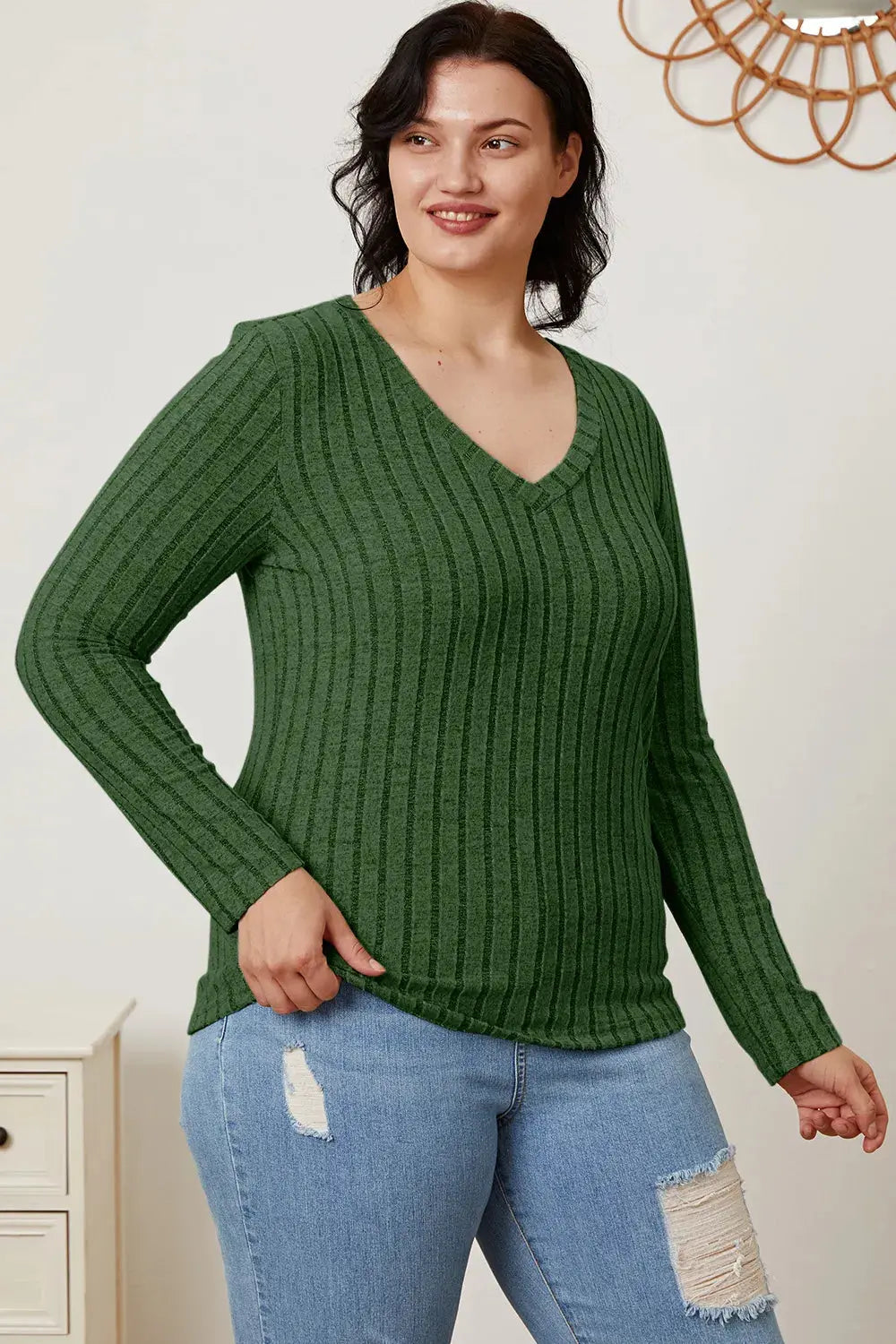 Basic Bae Full Size Ribbed V-Neck Long Sleeve T Shirt for Women - Be Bliss Boutique