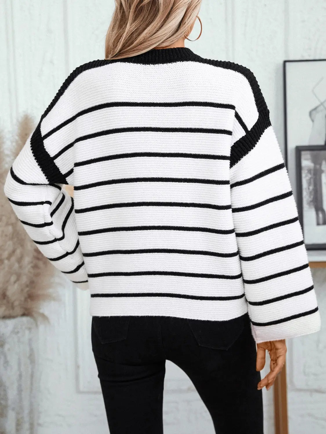 Striped Round Neck Long Sleeve Sweater - Be Bliss Boutique
