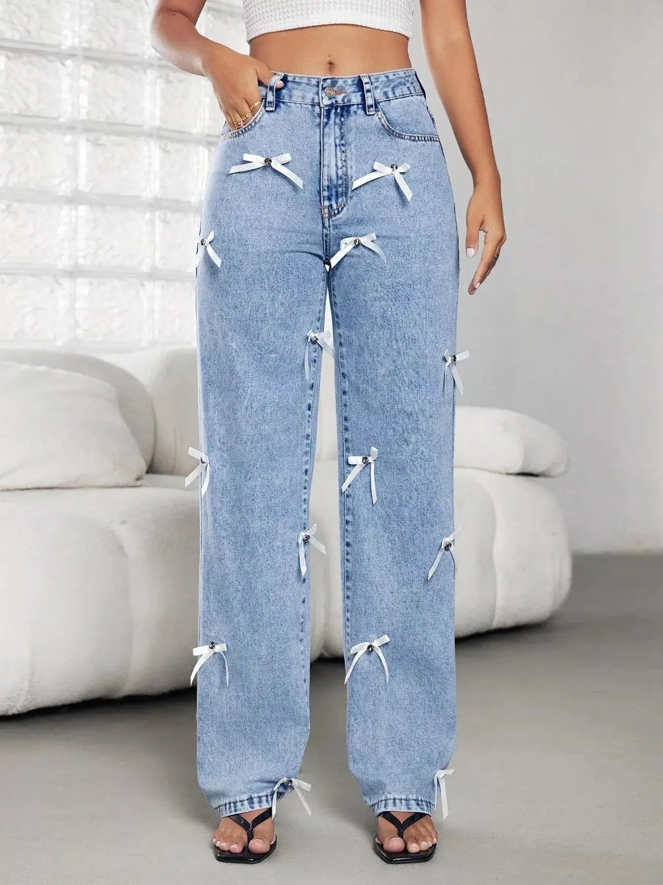 Bow Decor High Waist Wide Leg Jeans - Be Bliss Boutique