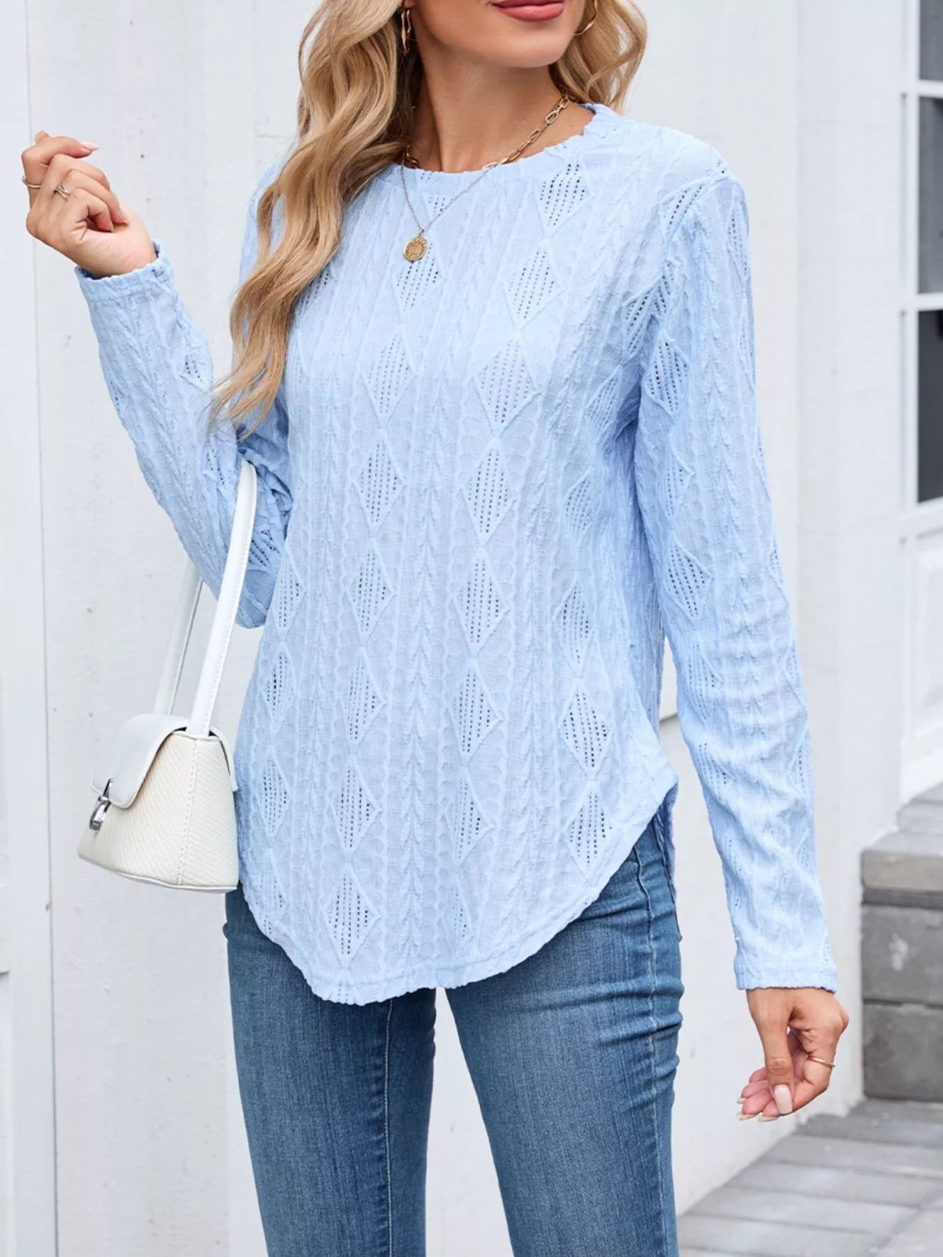 Openwork Textured Long Sleeve Top - Be Bliss Boutique