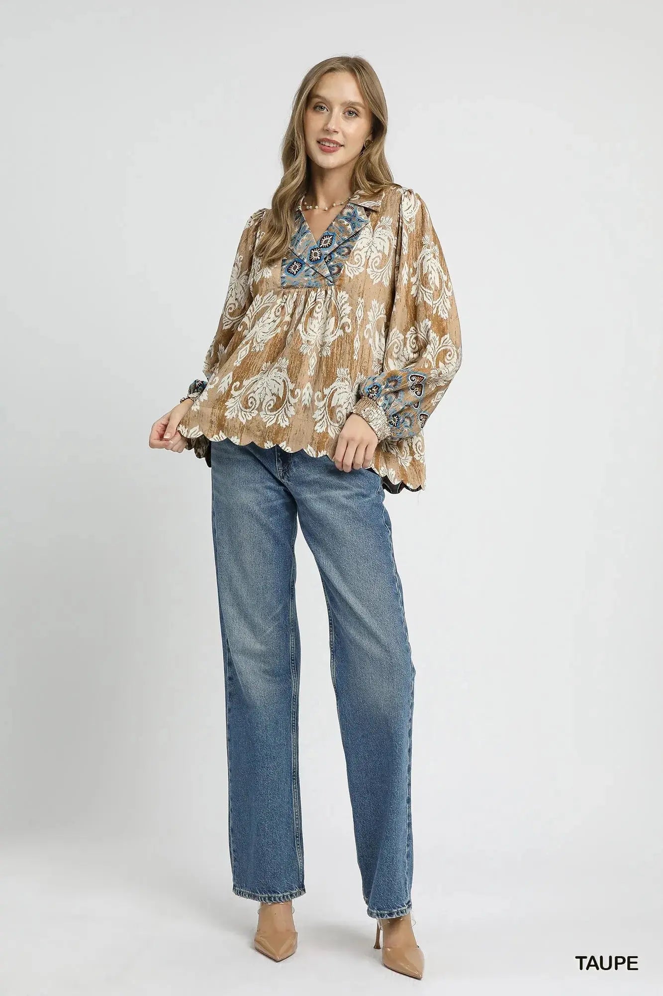 Umgee Floral Boho Blouse with Scalloped Hem - Be Bliss Boutique