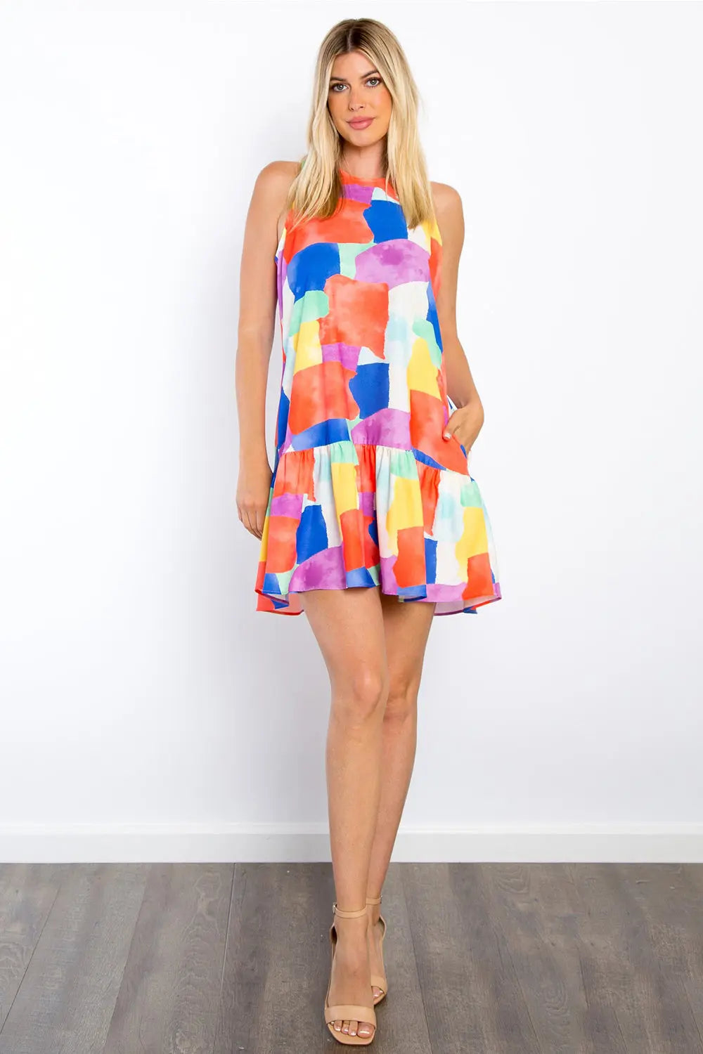 Be Stage Abstract Print Ruffle Hem Mini Dress with Pockets - Be Bliss Boutique