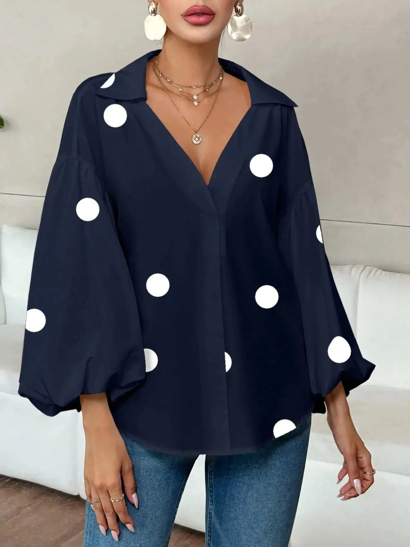 Oversized Polka Dot Balloon Sleeve Blouse - Be Bliss Boutique