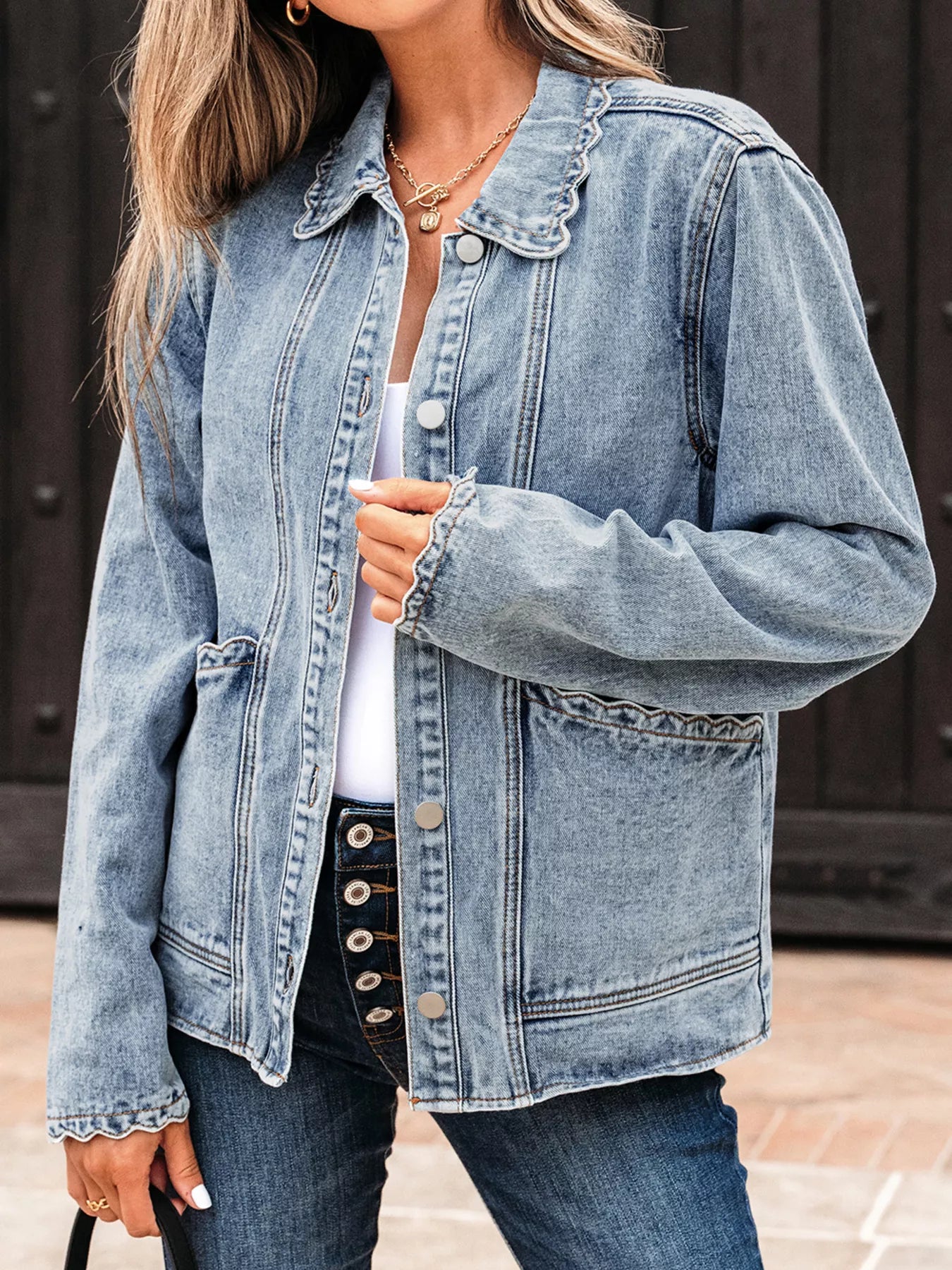 Scallop Trim Collar Patched Pocket Button Up Denim Jacket - Be Bliss Boutique
