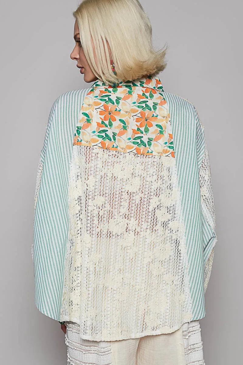 POL Sunlit Citrus Patchwork Lace Button Down Shirt - Be Bliss Boutique