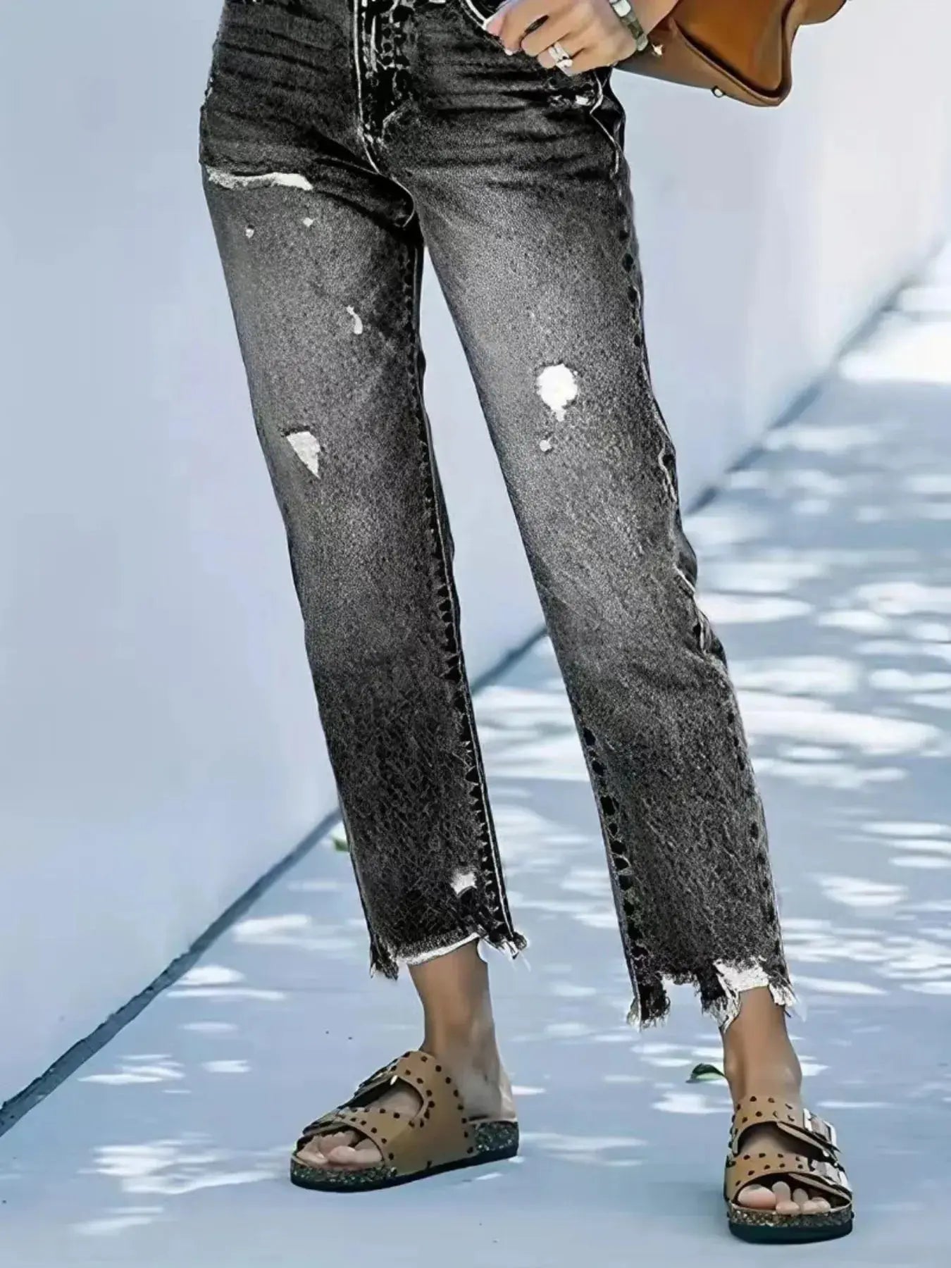 Distressed Straight Leg Jeans with Raw Hems - Be Bliss Boutique