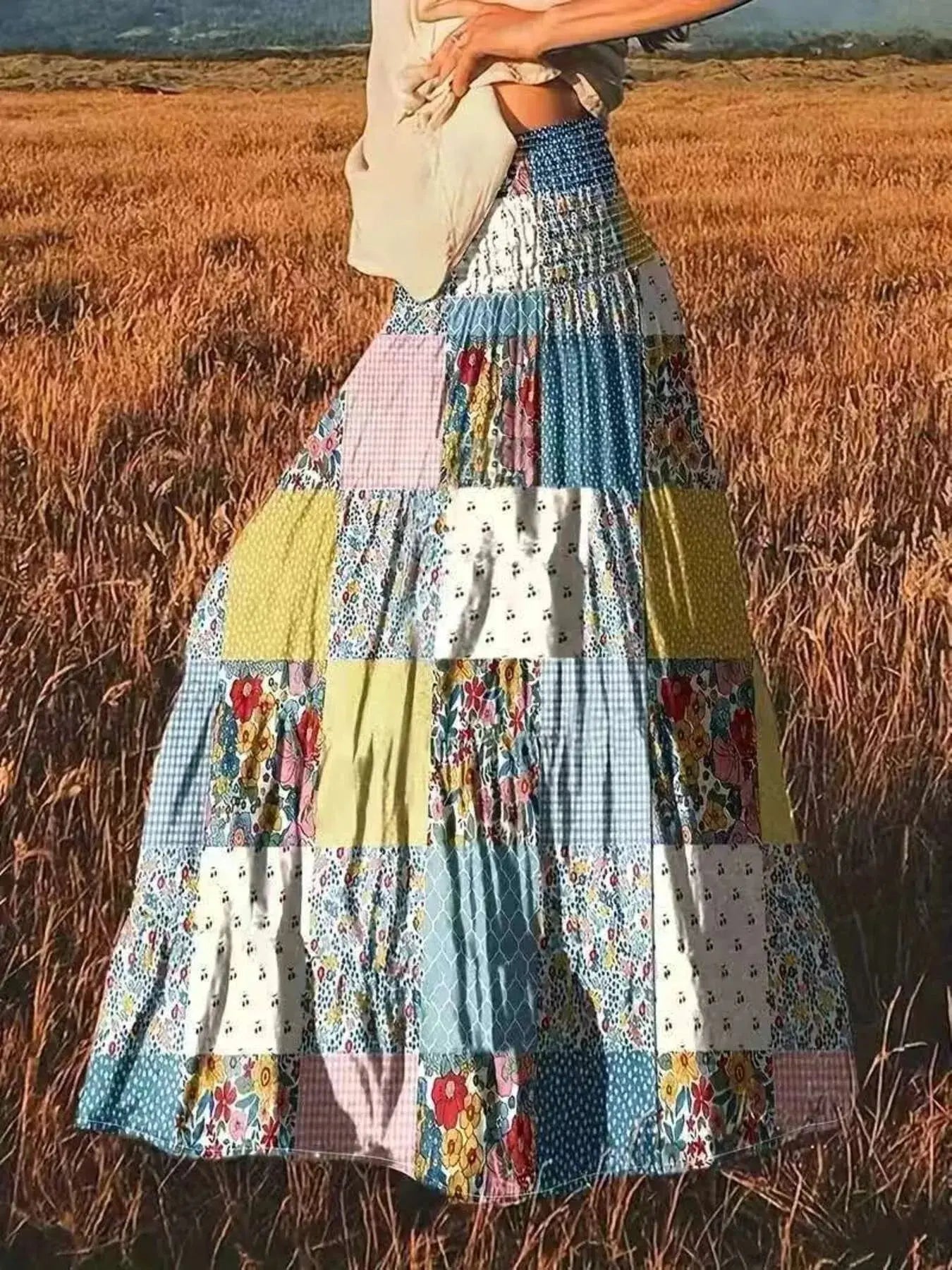 Smocked Waist Patchwork Tiered Bohemian Maxi Skirt with Pockets - Be Bliss Boutique