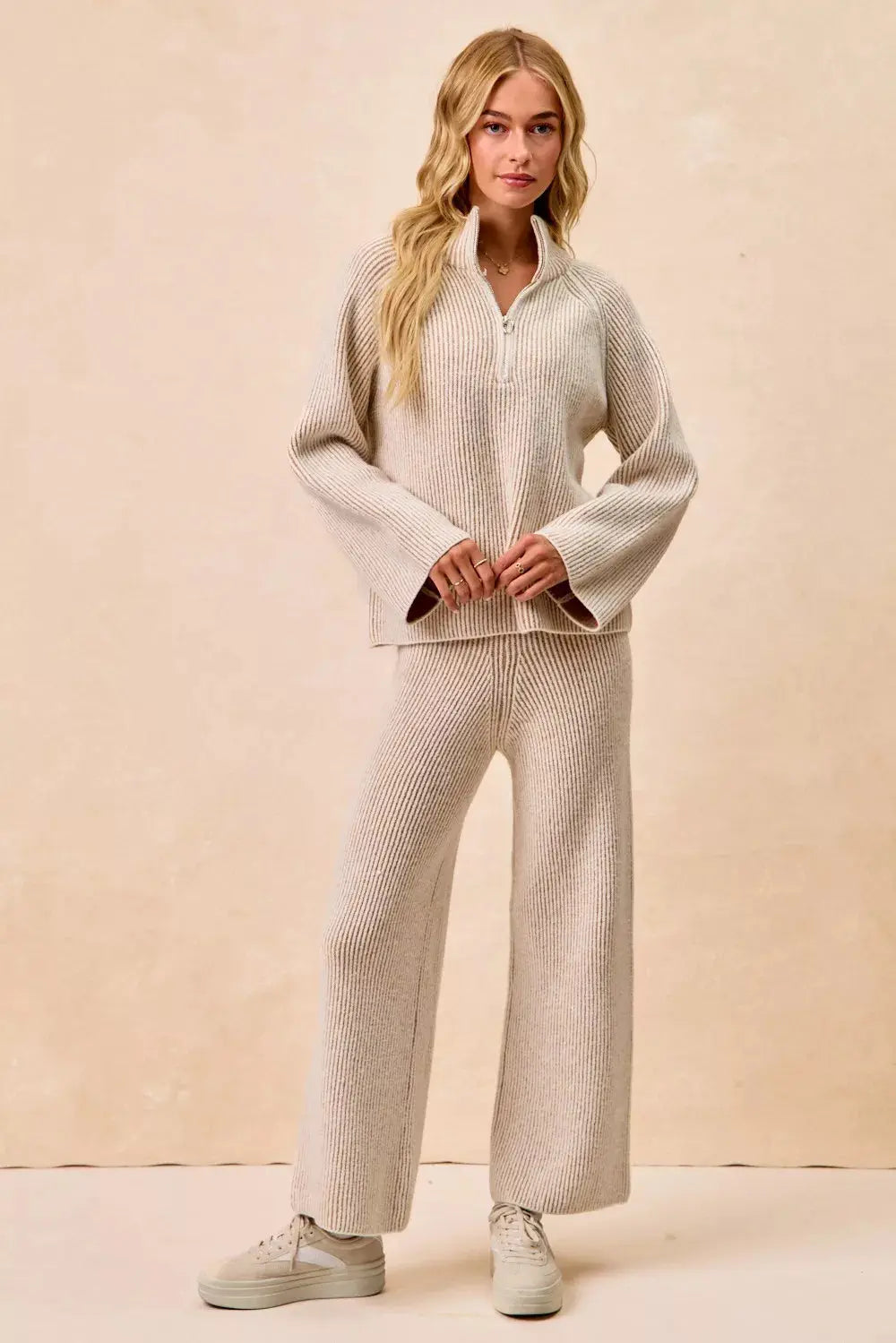 BiBi Two Tone Ribbed Textured Knit Sweater with Zip Up Collar - Be Bliss Boutique