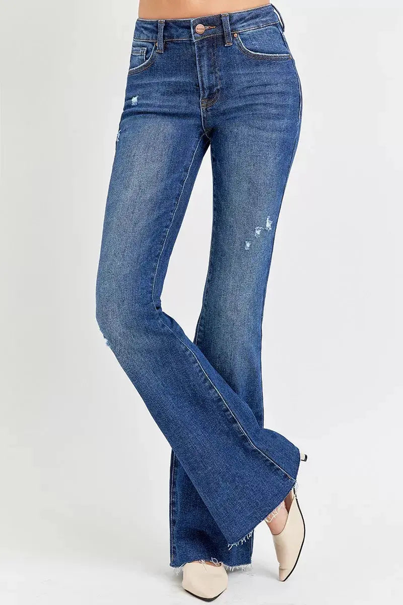 RISEN Jeans - Plus Size Distressed Mid Rise Flare Jeans - Be Bliss Boutique