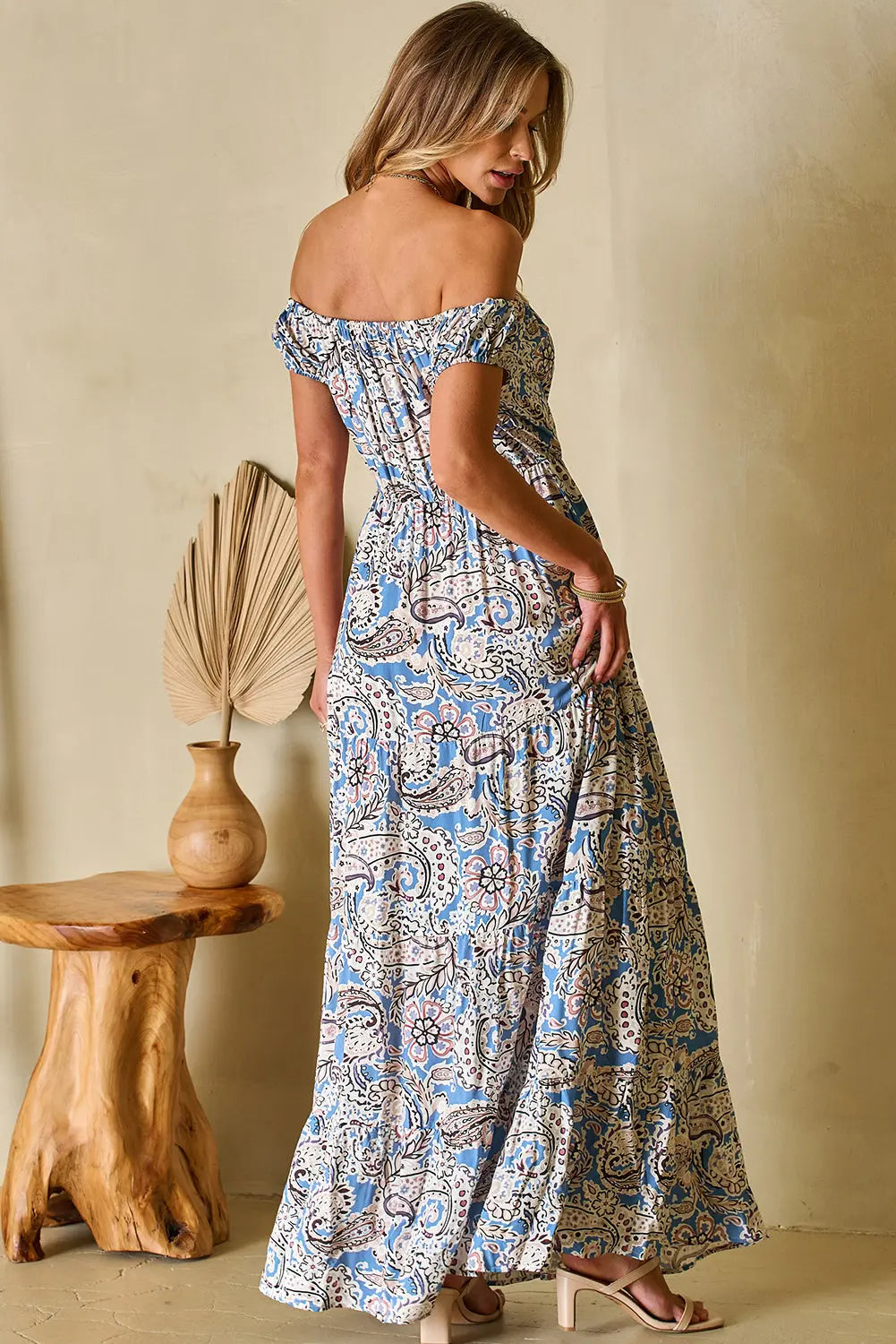 Blue Paisley Print Boho Off Shoulder Maxi Dress - Be Bliss Boutique