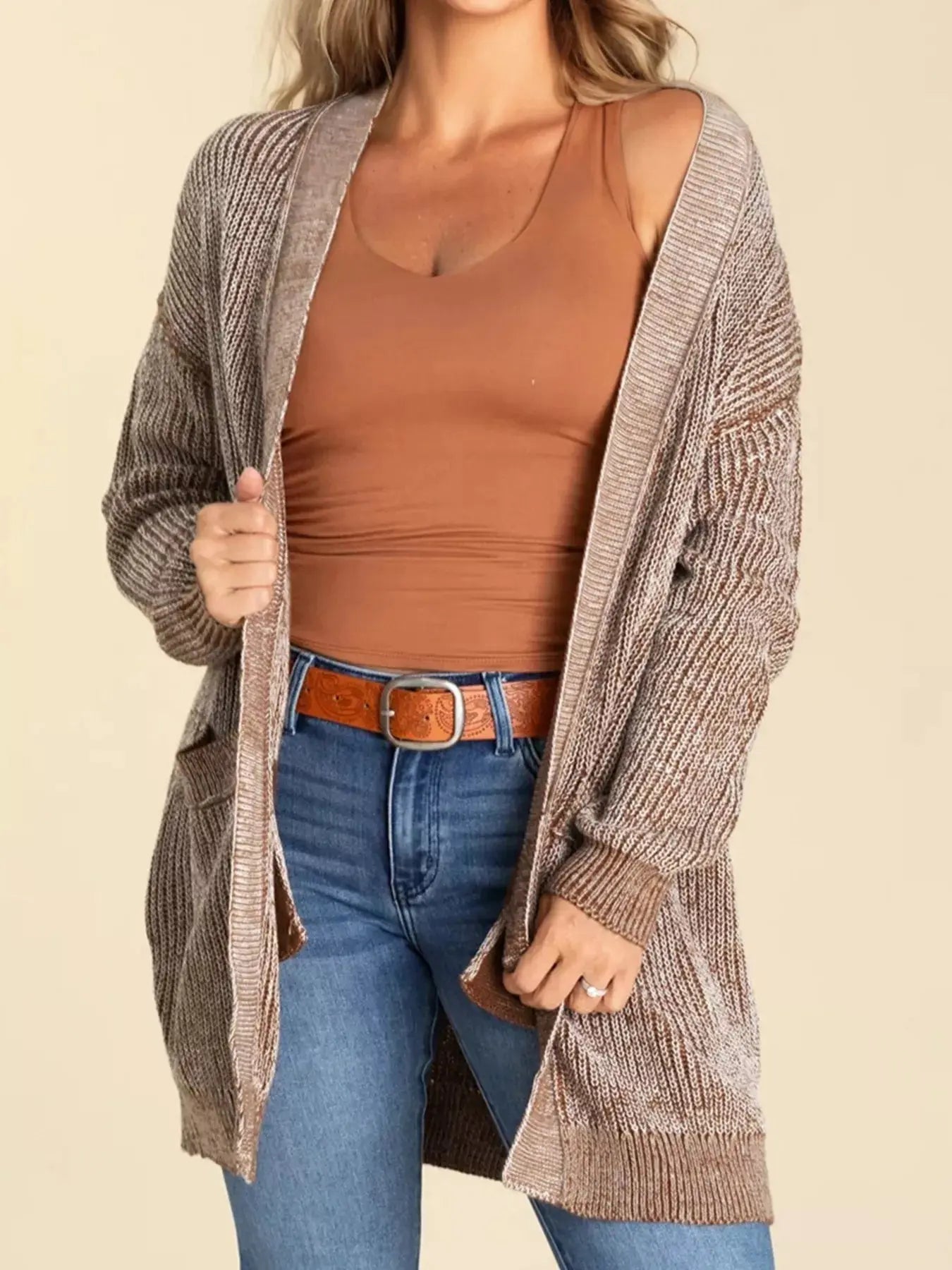 Open Front Dropped Shoulder Cardigan with Pockets - Be Bliss Boutique