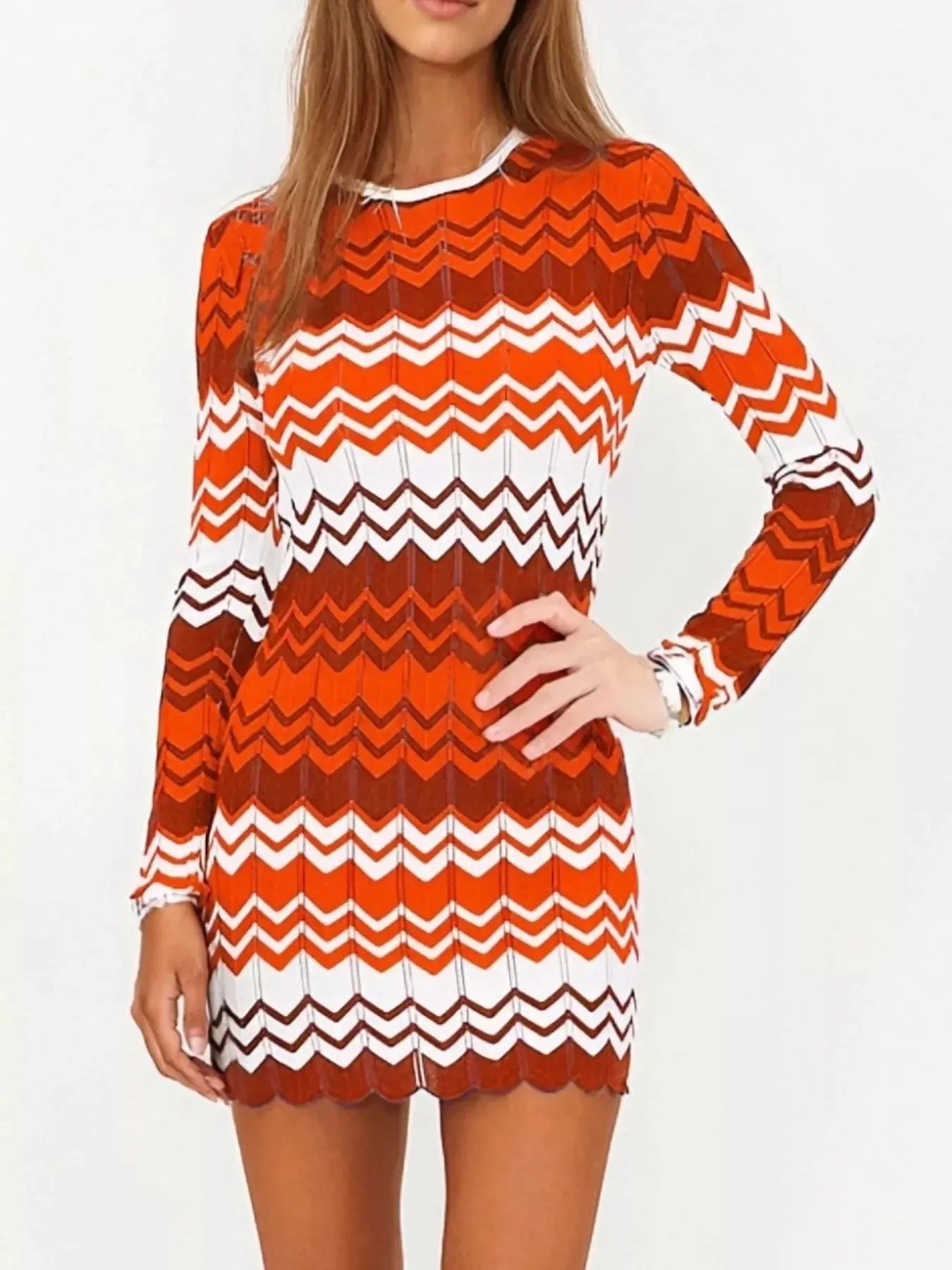 Openwork Wave Pattern Long Sleeve Sweater Dress - Be Bliss Boutique