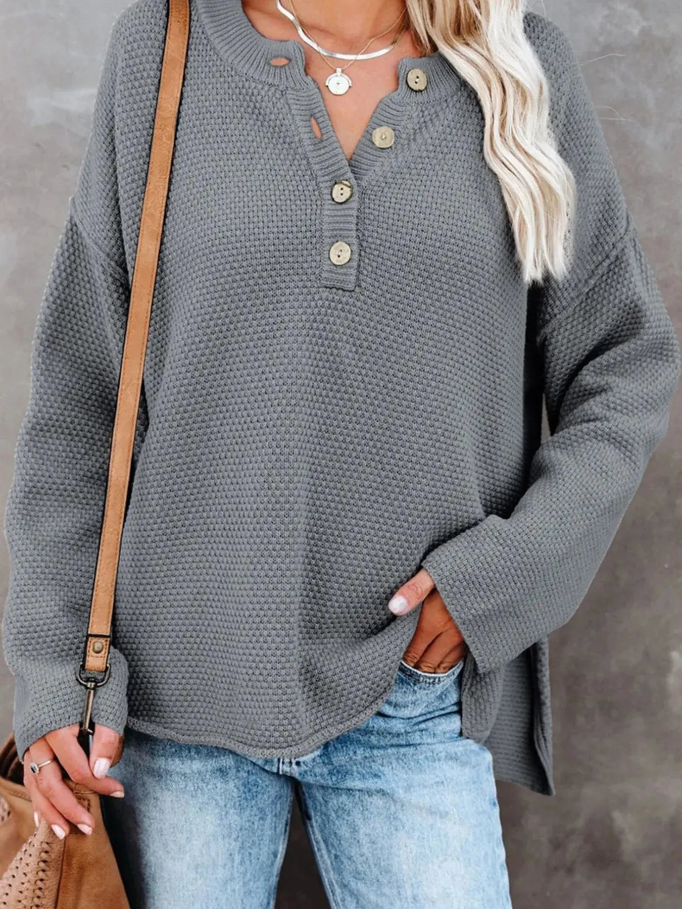 Waffle-Knit Button Detail Long Sleeve Knit Top - Be Bliss Boutique