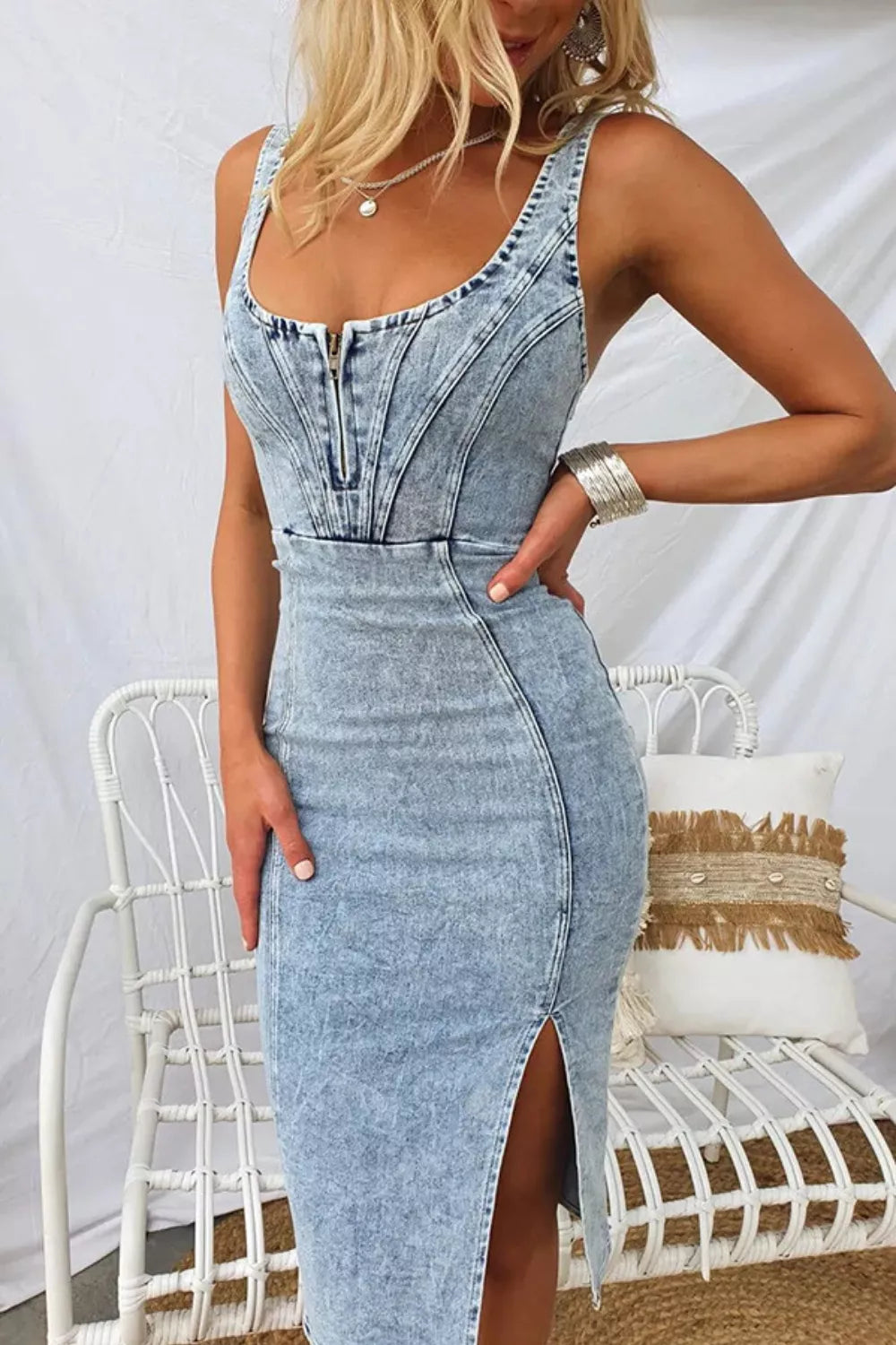 Side Slit Washed Scoop Neck Denim Dress - Be Bliss Boutique