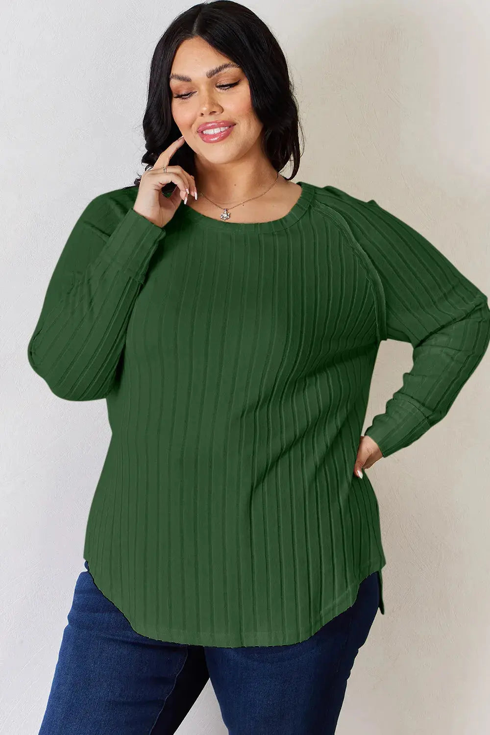 Basic Bae Ribbed Round Neck Slit Womens Long Sleeve T Shirt – Full & Plus Size - Be Bliss Boutique