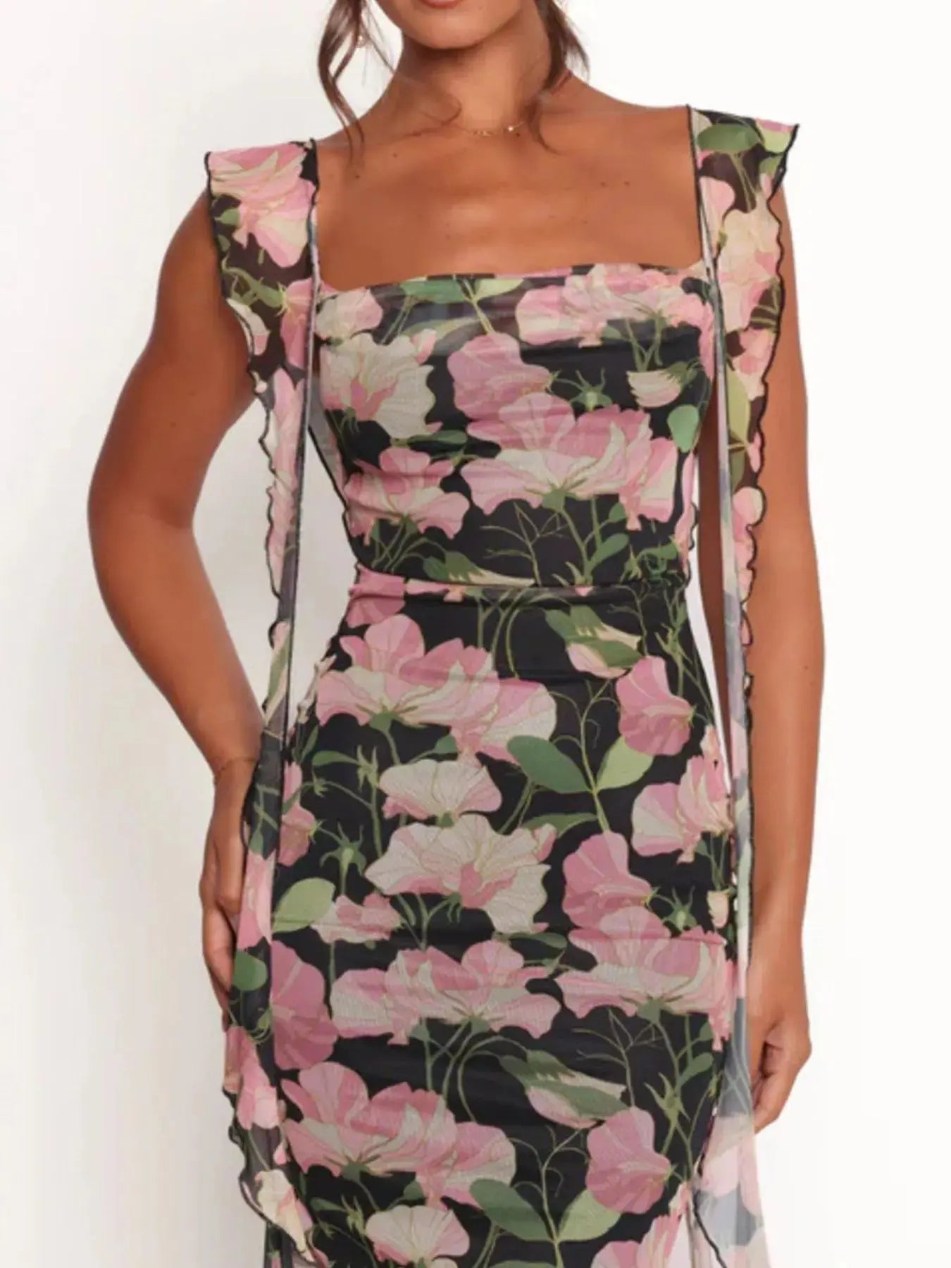 Floral Print Ruffle Trim Bodycon Maxi Dress - Be Bliss Boutique