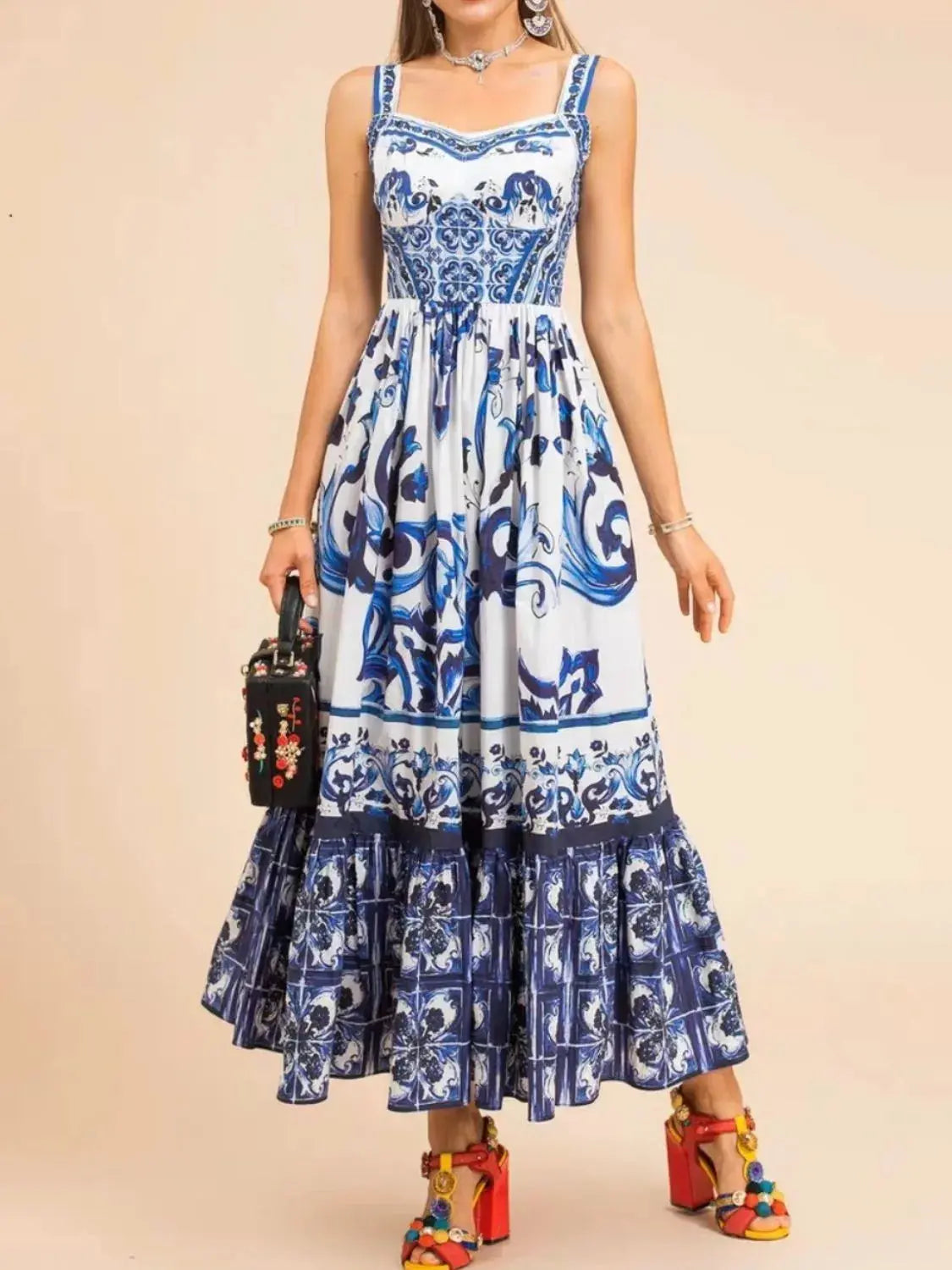 Smocked Blue Tile Print Wide Strap Midi Dress - Be Bliss Boutique