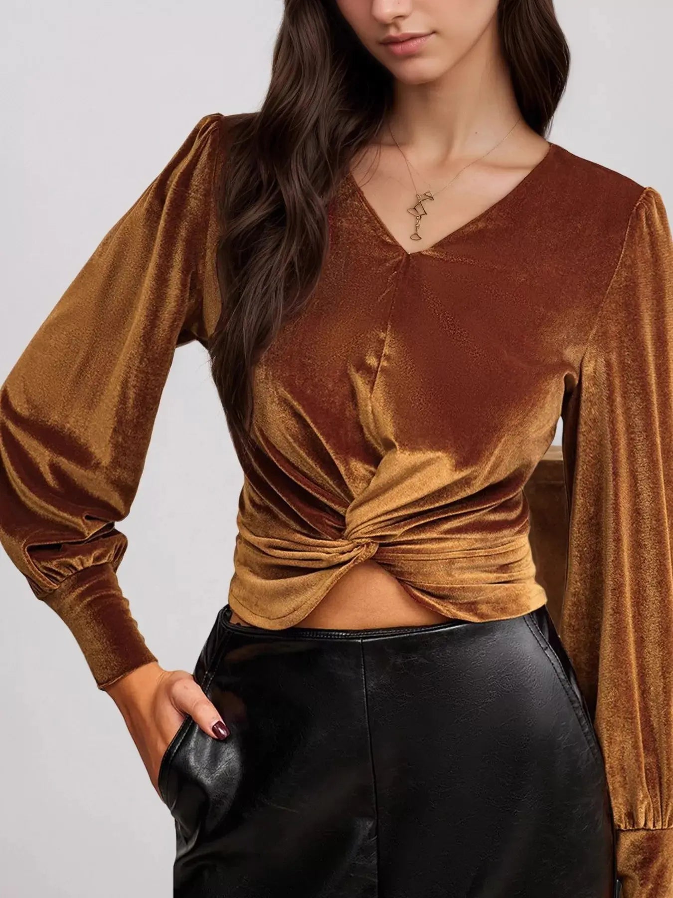 Twisted V Neck Long Sleeve Blouse - Be Bliss Boutique
