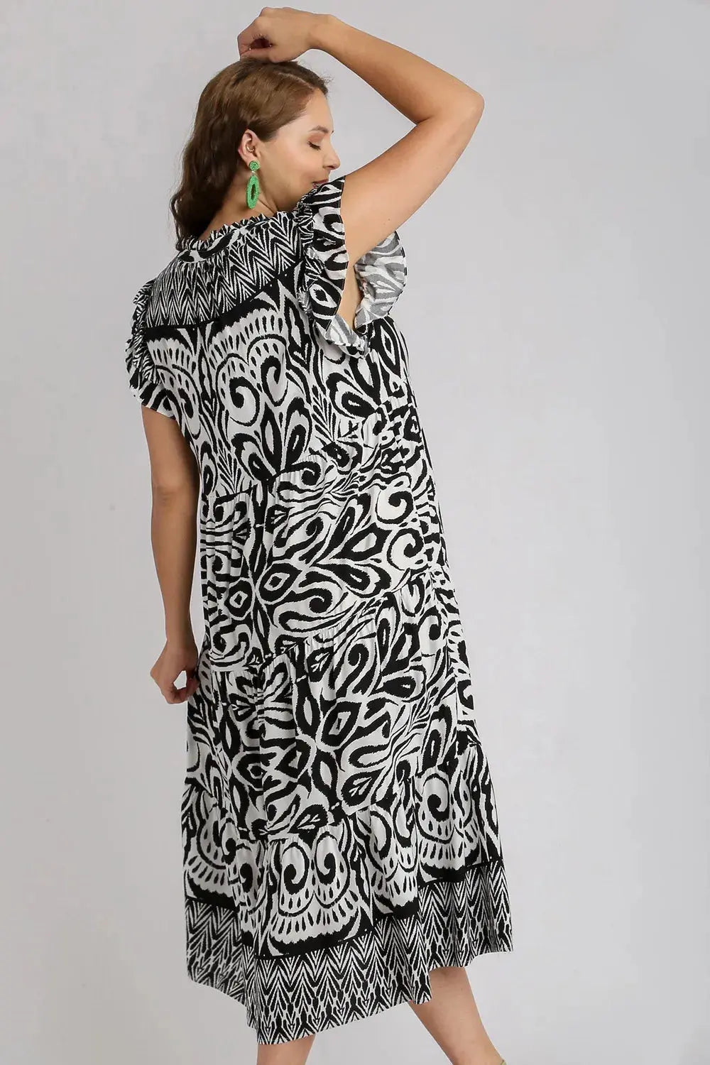 Umgee Two Tone Border Print Ruffle Cap Sleeve Midi Dress – Plus Size - Be Bliss Boutique