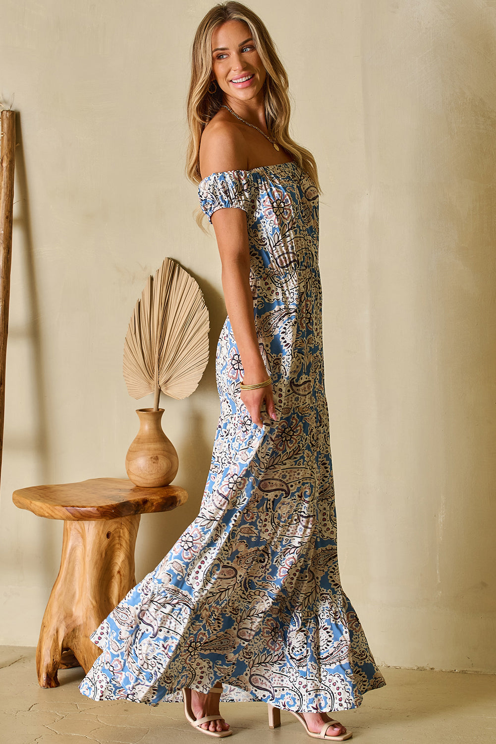 Blue Paisley Print Boho Off Shoulder Maxi Dress - Be Bliss Boutique