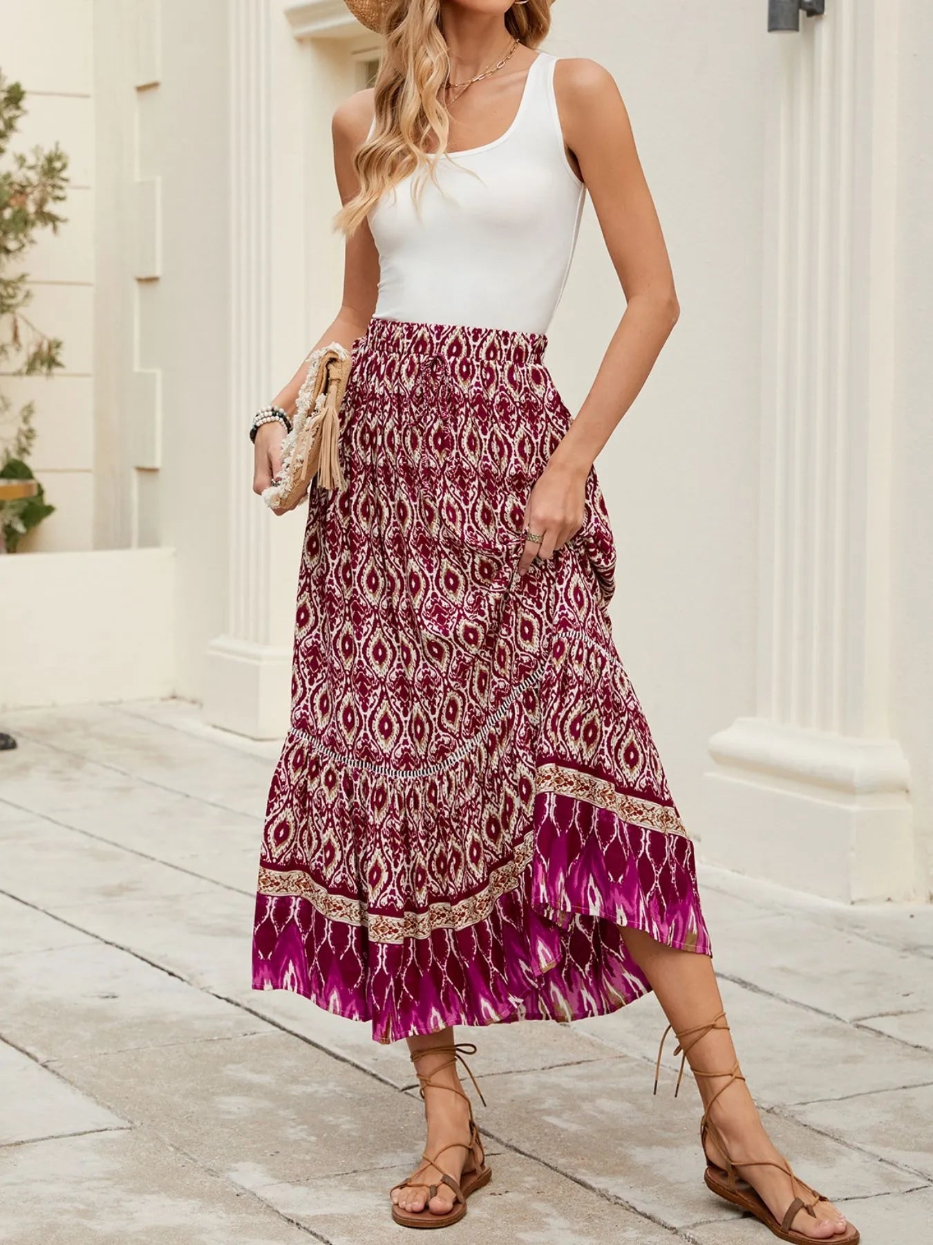 Printed Ruched Bohemian Maxi Skirt - Be Bliss Boutique
