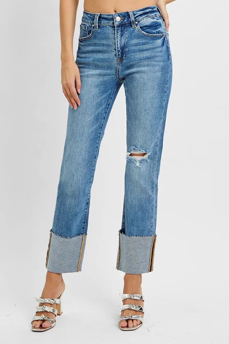 RISEN Jeans - Plus Size High Rise Straight Wide Cuffed Jeans - Be Bliss Boutique