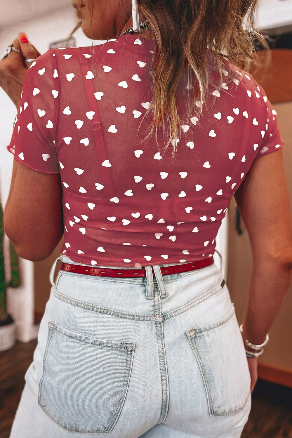 Women's Sheer Heart Print Fitted Mesh Blouse - Be Bliss Boutique