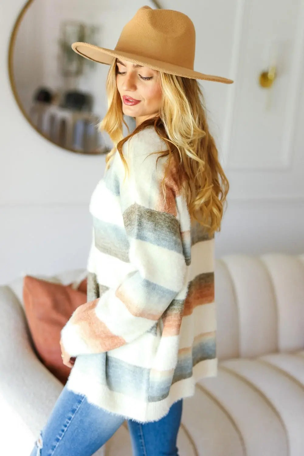 Haptics Full Size Button Down Stripe Soft Fuzzy Cardigan Sweater - Be Bliss Boutique