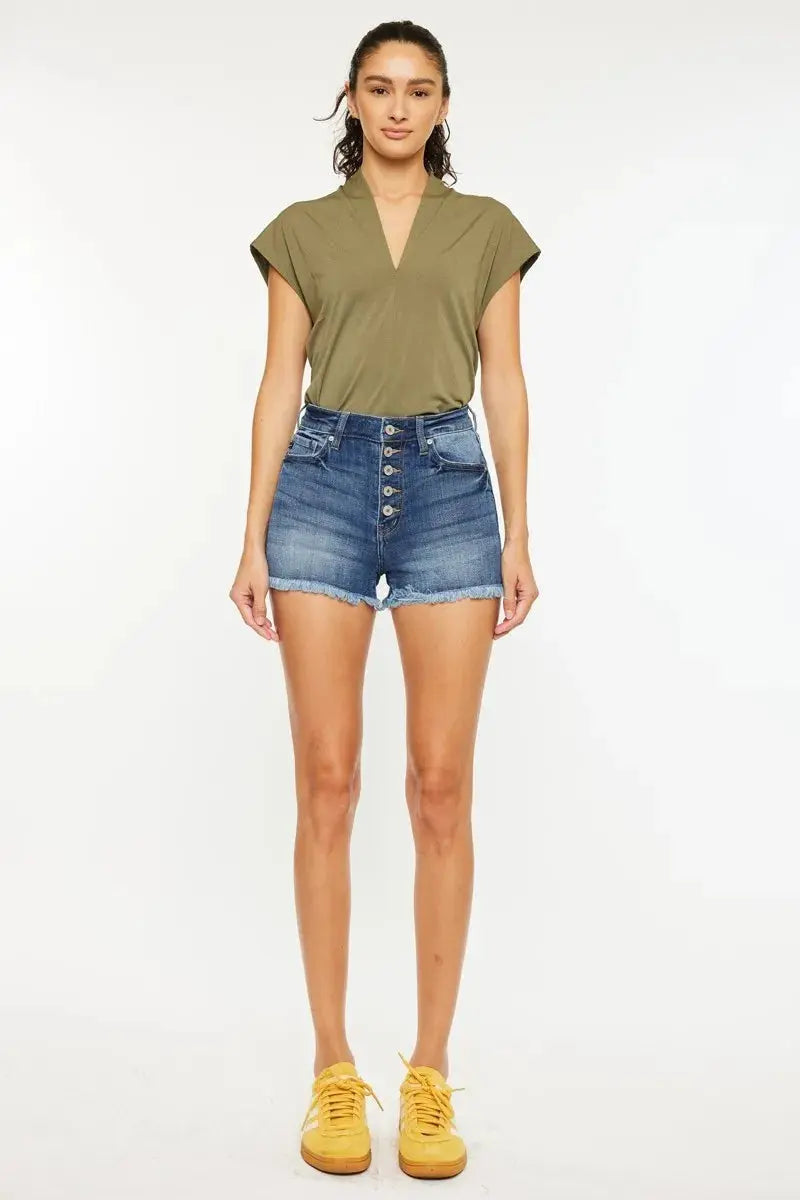 High Rise Frayed Hem Kancan Denim Shorts - Medium Wash - Be Bliss Boutique