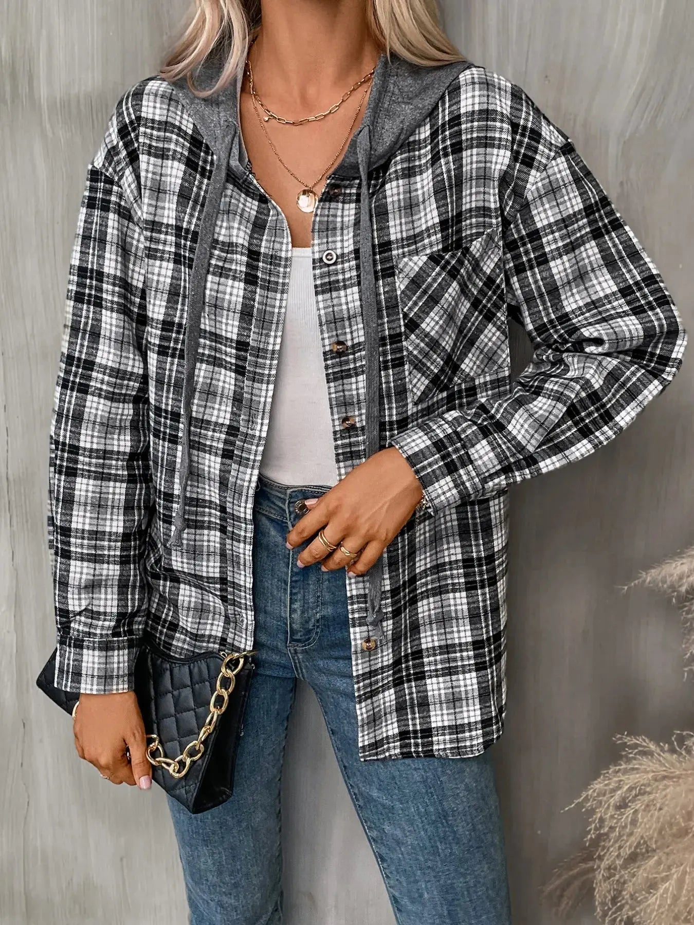 Plaid Button-Up Oversized Hooded Shirt with Chest Pocket - Be Bliss Boutique