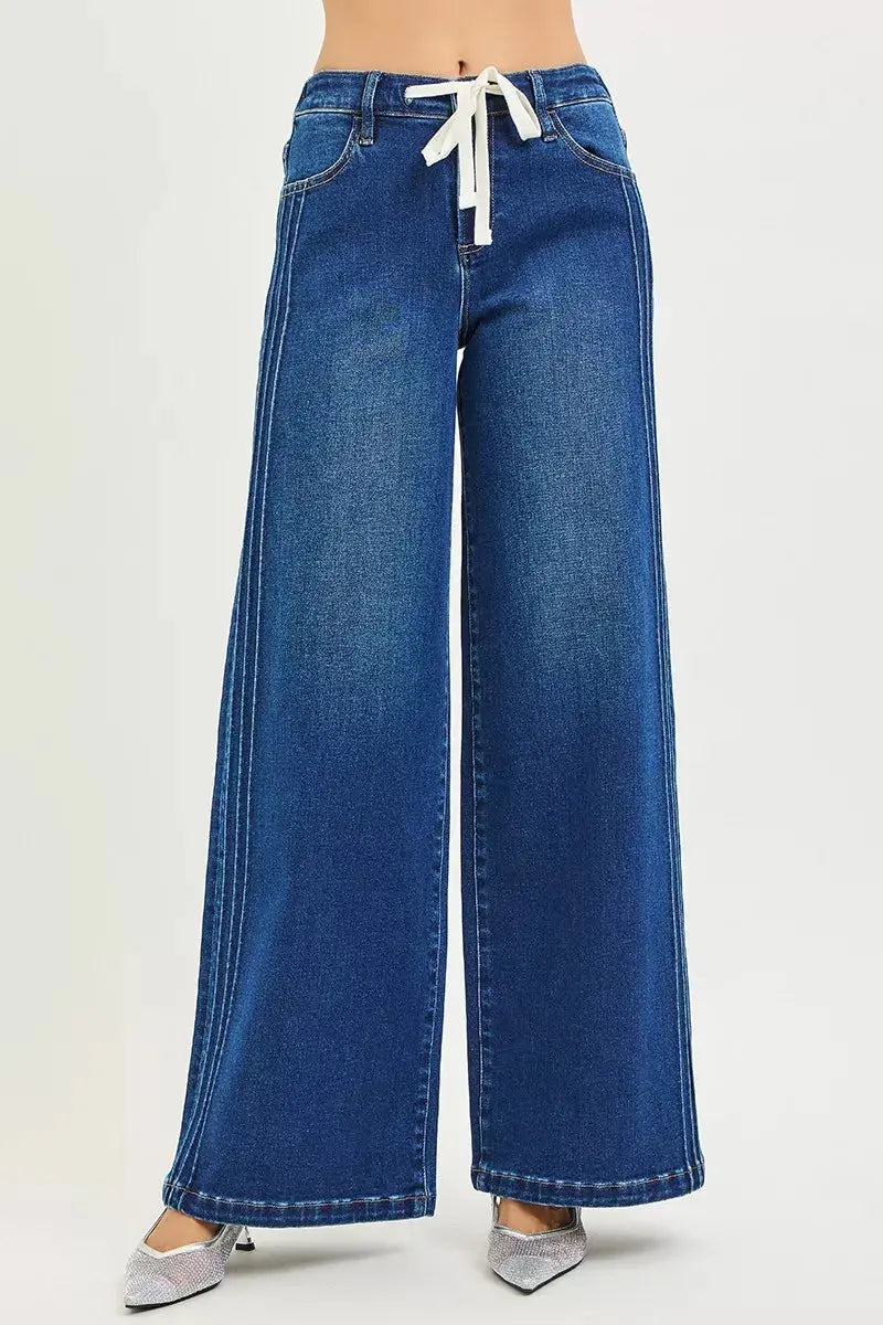RISEN Jeans - Full Size Mid Rise Wide Side Pintuck Jeans with Front Drawstring - Be Bliss Boutique