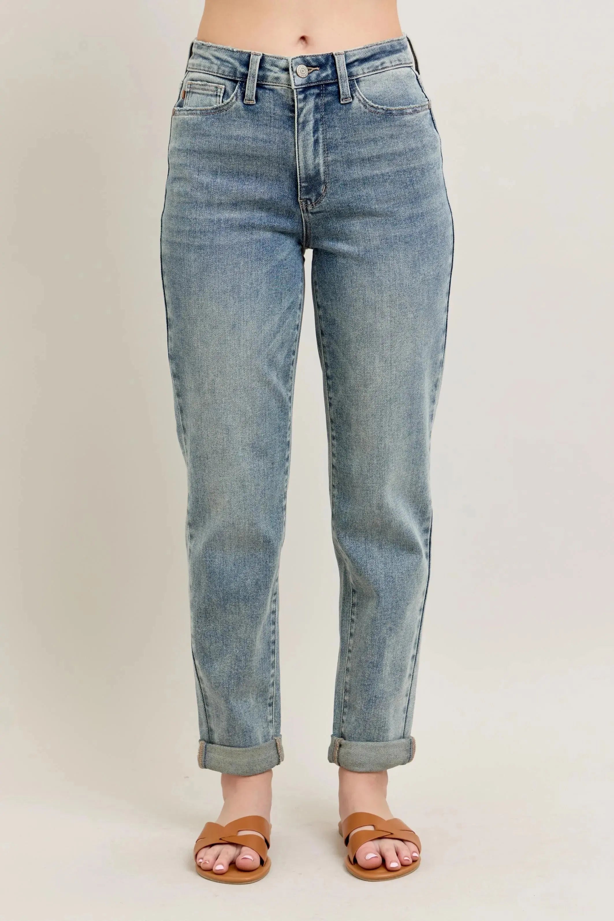 Judy Blue Jeans - Full Size High Waist Vintage Wash Double Roll Cuff Boyfriend Fit - Be Bliss Boutique