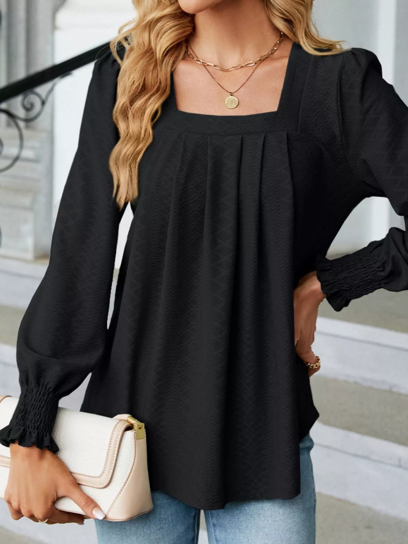 Pleated Square Neck Long Sleeve Top -  Be Bliss Boutique