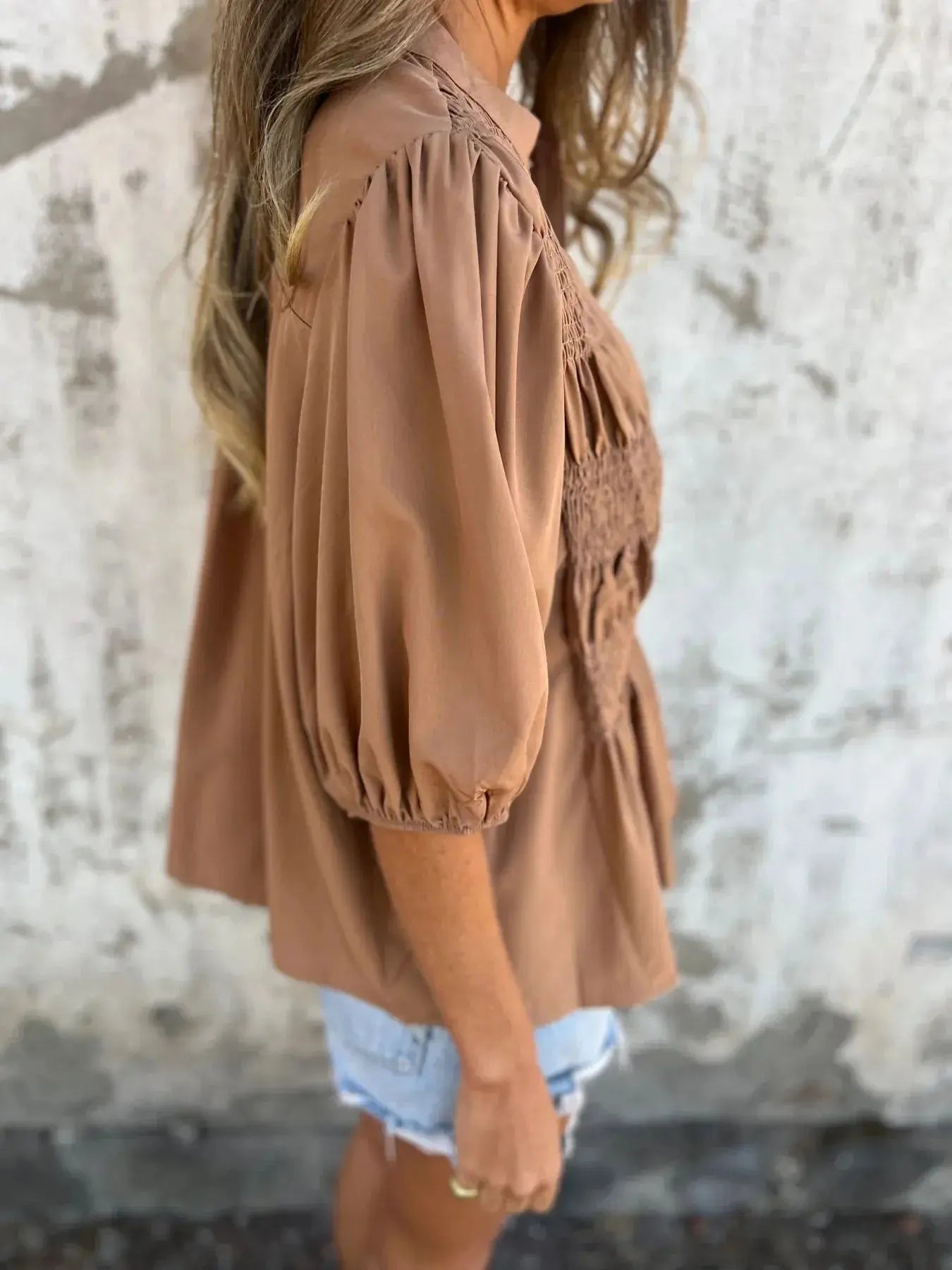 Full Size Red Smocked Button Puff Sleeve Blouse – Plus Size - Be Bliss Boutique