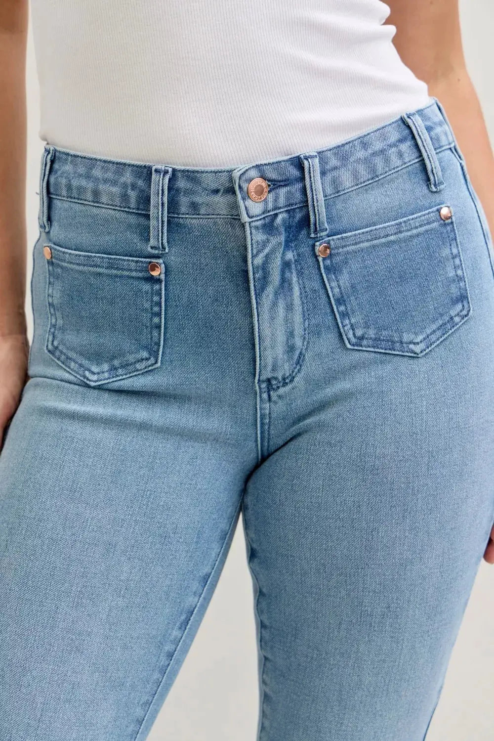 Judy Blue Jeans - Full Size Mid Rise Bootcut Jeans with Contrast Wash & Front Patch Pockets - Be Bliss Boutique