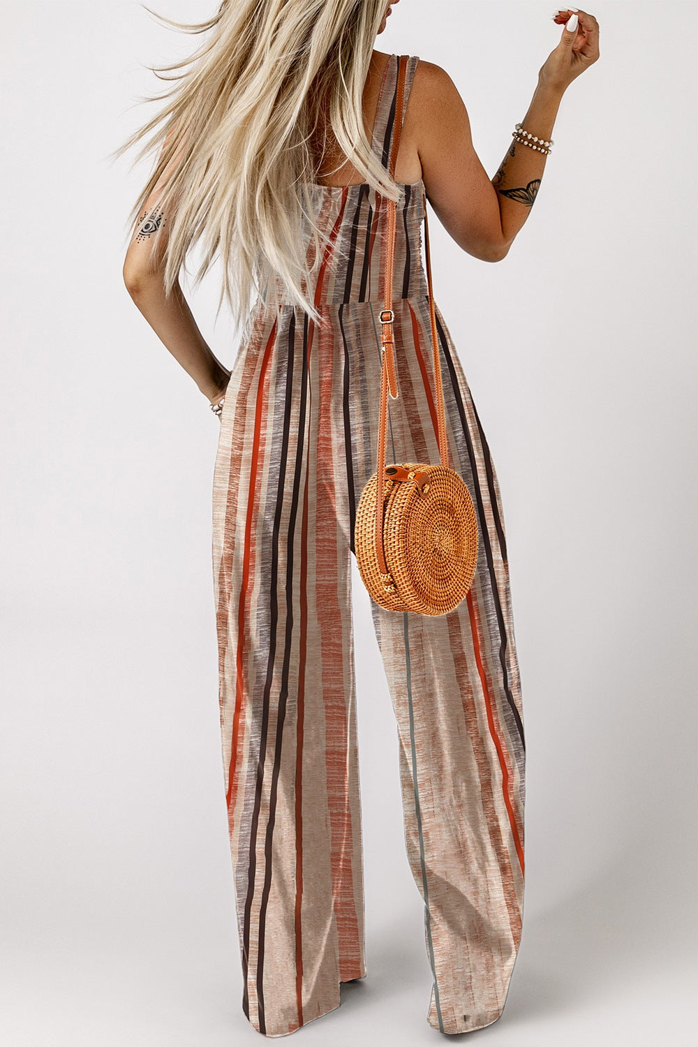 Stripe Square Neck Sleeveless Smocked Bodice Wide Leg Jumpsuit - Be Bliss Boutique