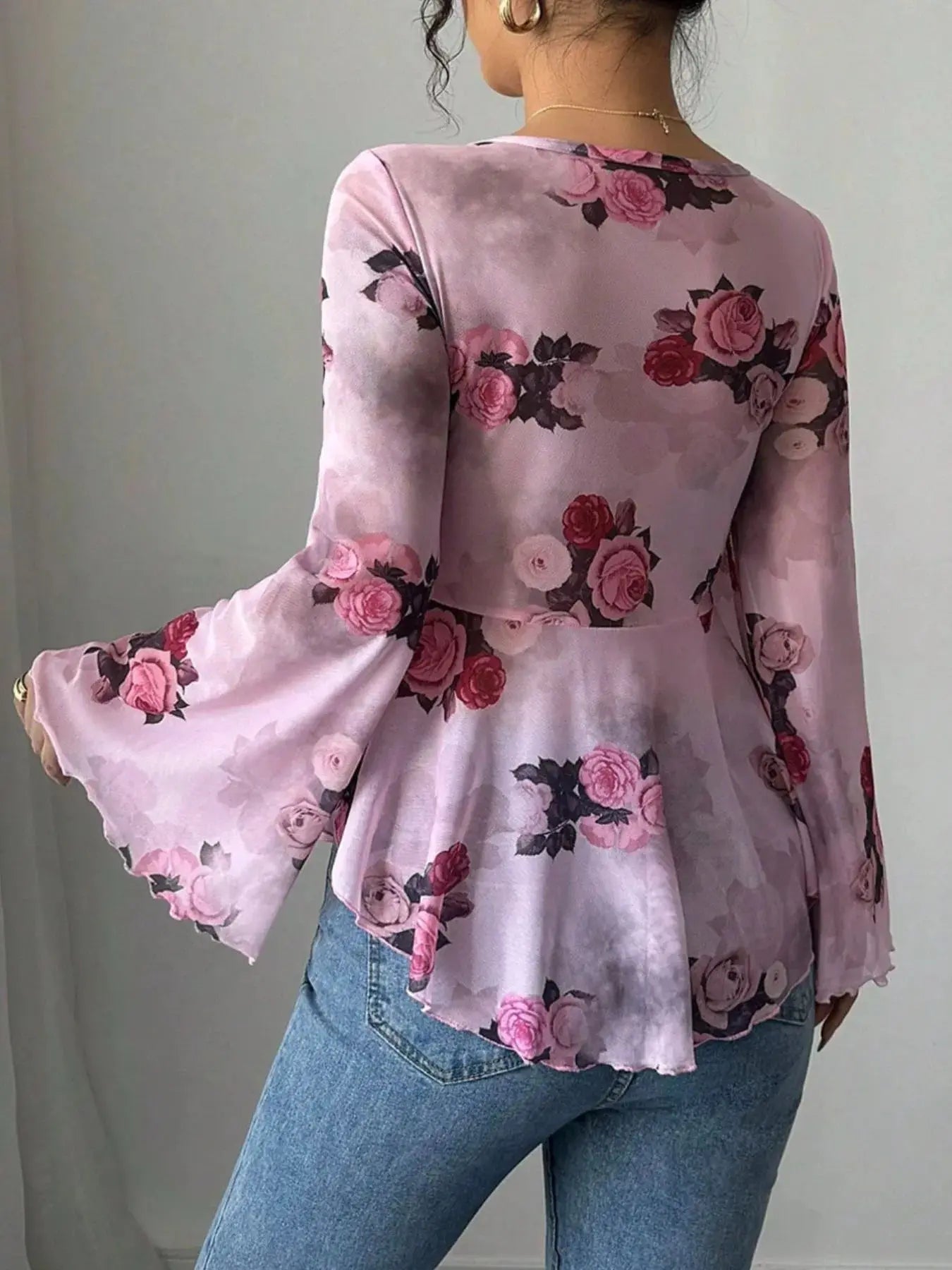Floral Tie Front Flare Sleeve Blouse - Be Bliss Boutique