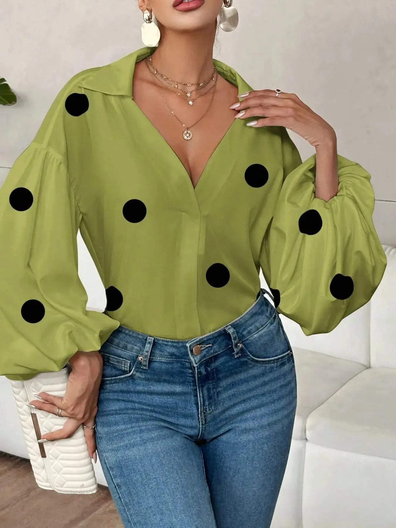 Oversized Polka Dot Balloon Sleeve Blouse - Be Bliss Boutique