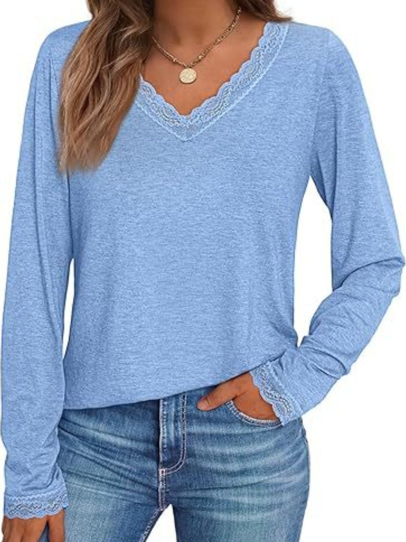 Women's Lace Trim V Neck Long Sleeve Top - Be Bliss Boutique
