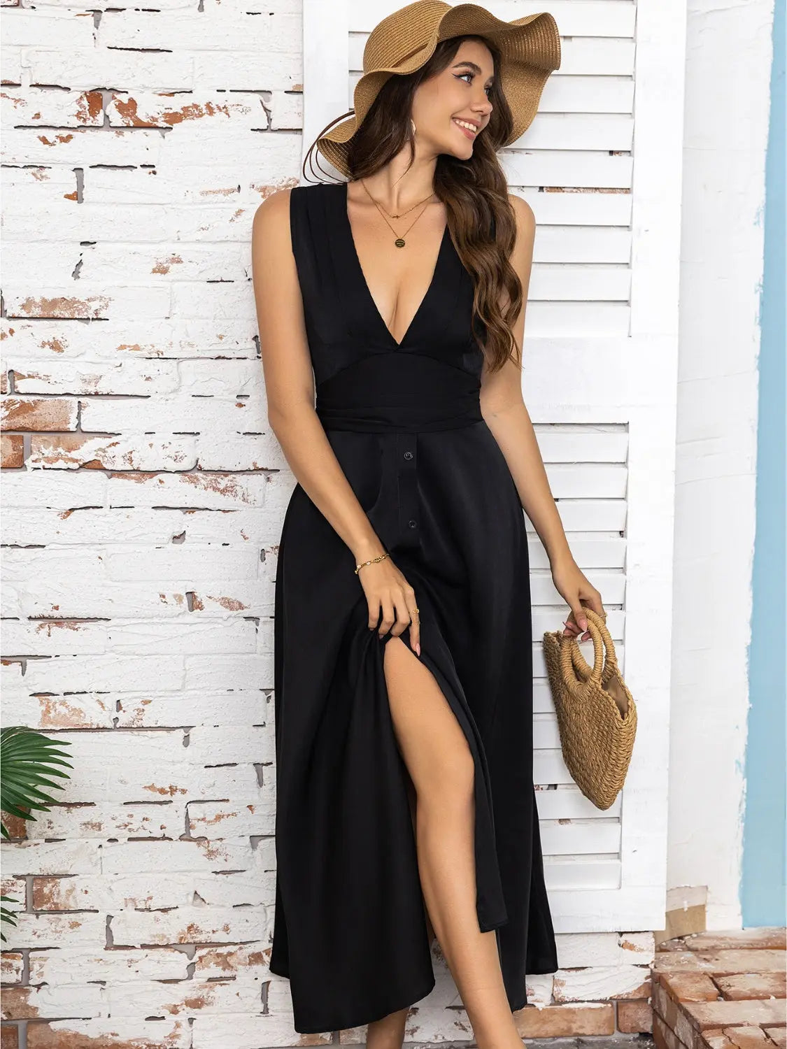 Full Size Slit V-Neck Sleeveless Midi Dress - Be Bliss Boutique
