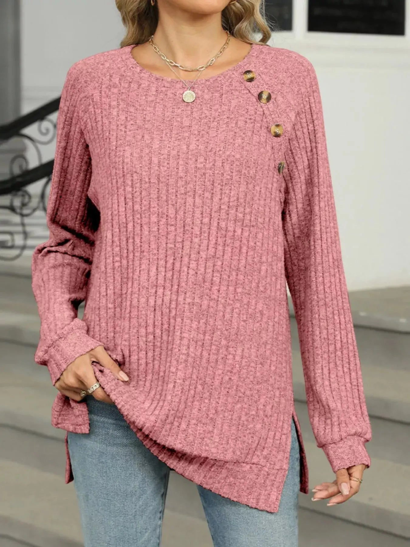 Cozy Chic Ribbed Button Detail Long Sleeve Tunic - Be Bliss Boutique
