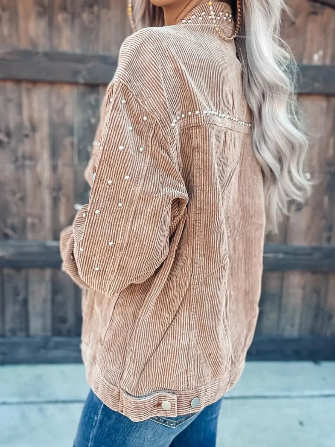 Studded Collared Neck Button Down Jacket - Be Bliss Boutique