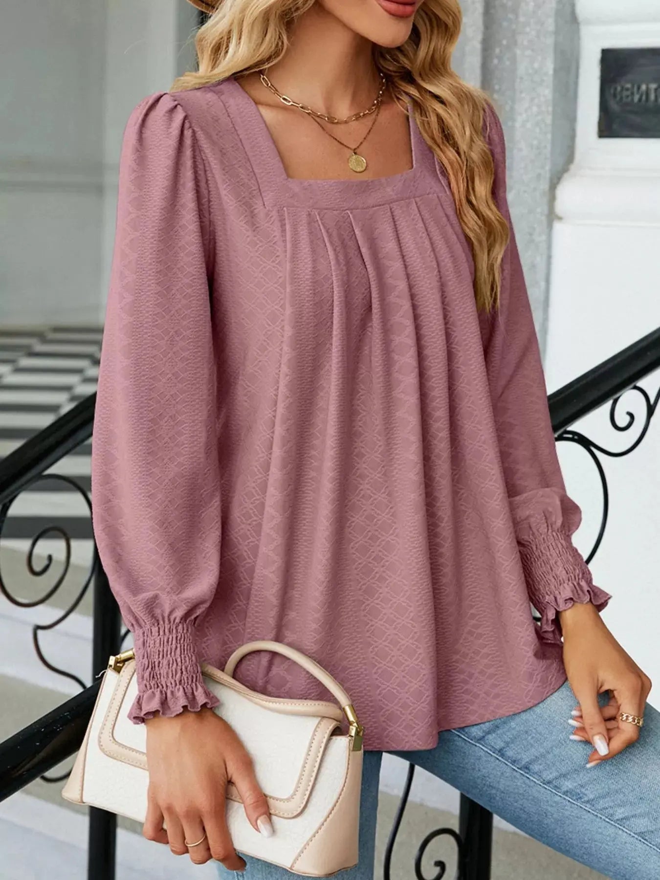 Pleated Square Neck Long Sleeve Top - Be Bliss Boutique
