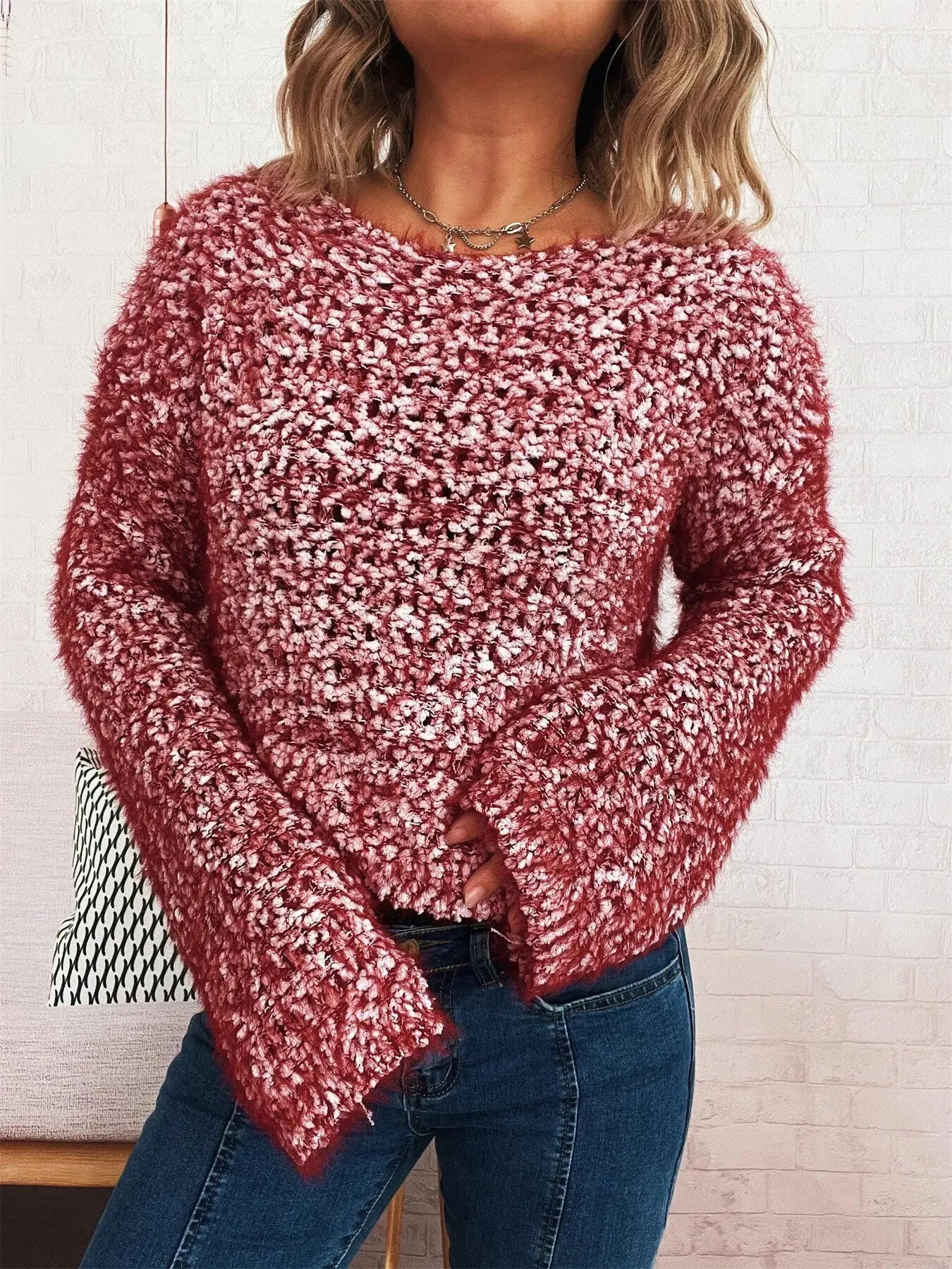 Crochet Dropped Shoulder Round Neck Sweater - Be Bliss Boutique