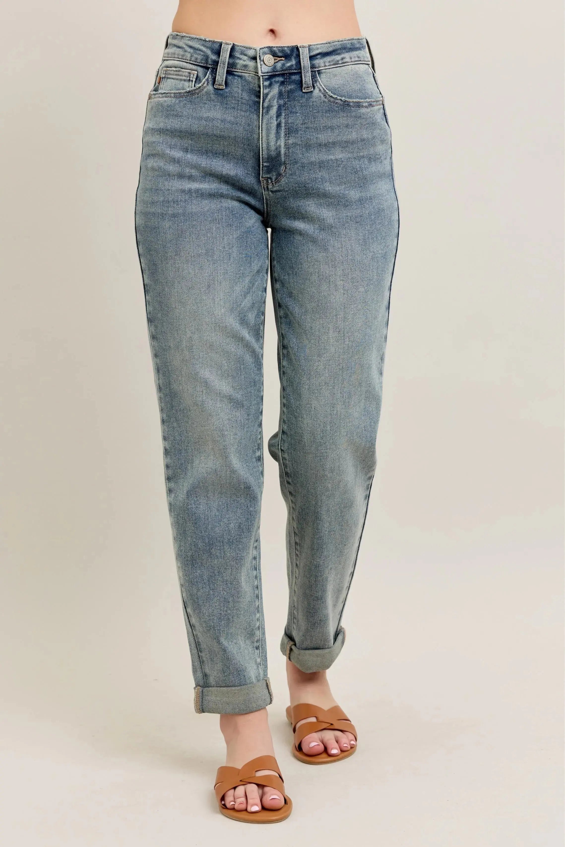 Judy Blue Jeans - Full Size High Waist Vintage Wash Double Roll Cuff Boyfriend Fit - Be Bliss Boutique
