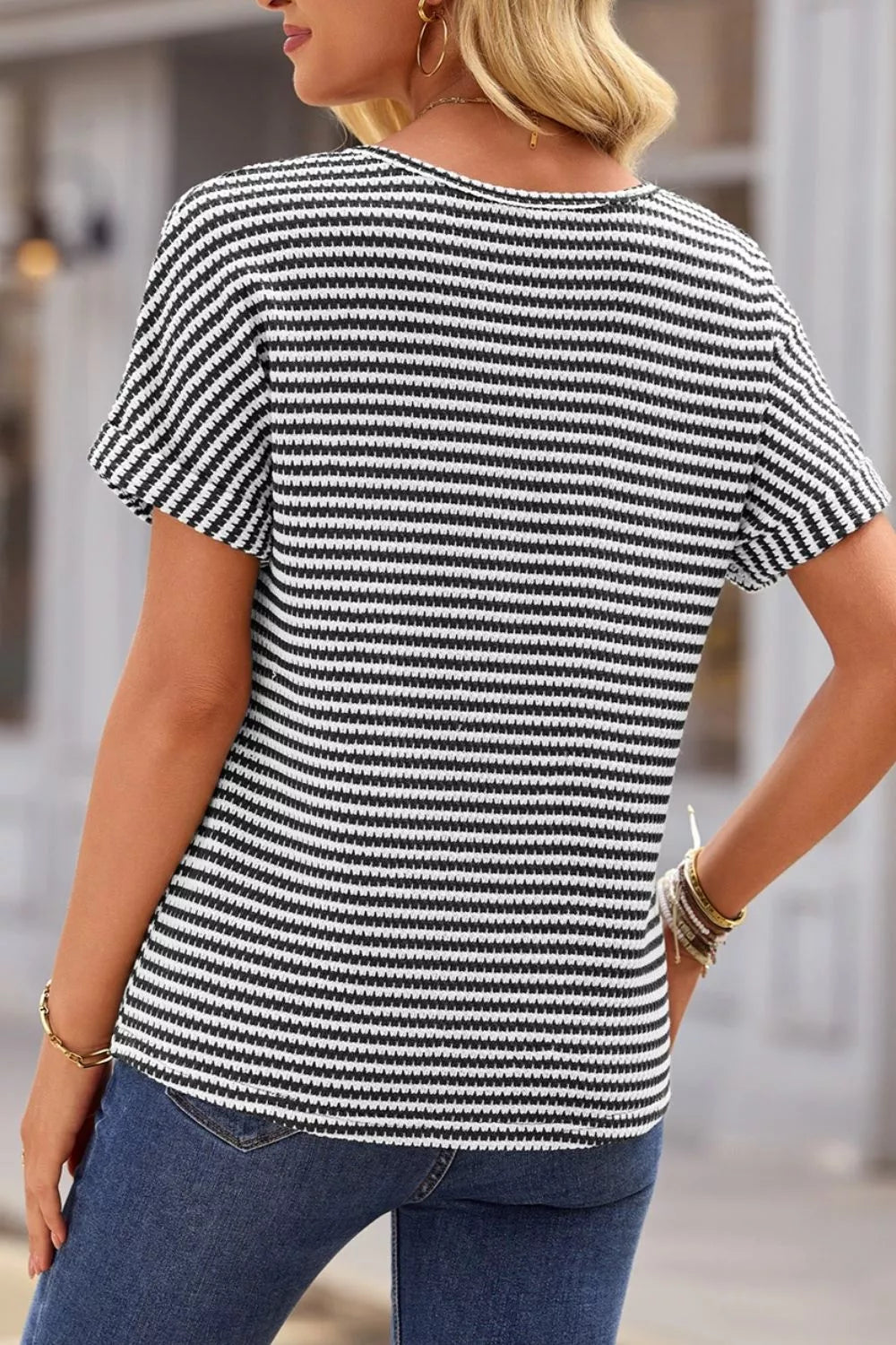 Stripe Textured Knit Notched Neck Cuffed Short Sleeve Shirt - Be Bliss Boutique