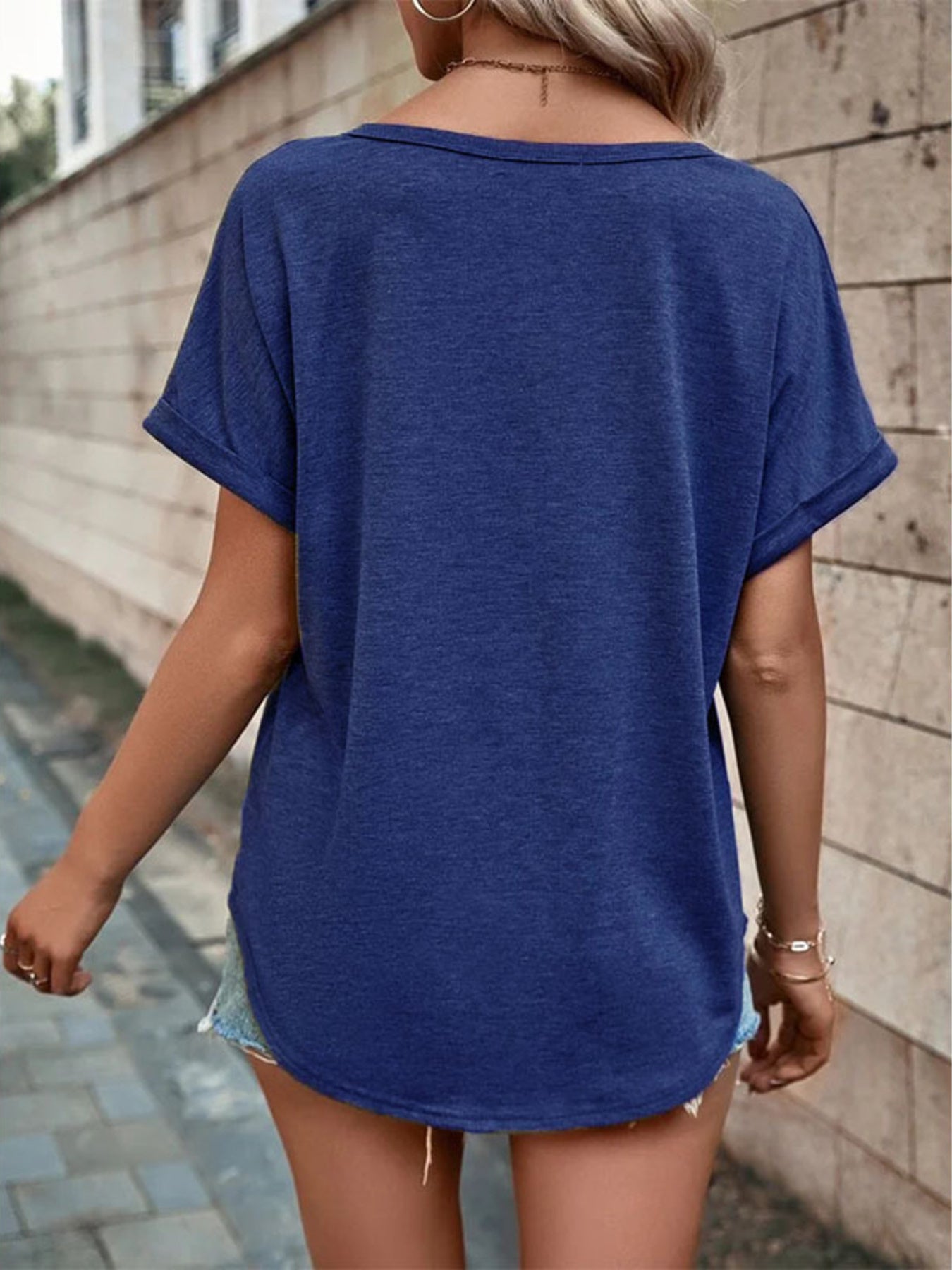 Full Size Decor Button Short Sleeve T Shirt - Be Bliss Boutique