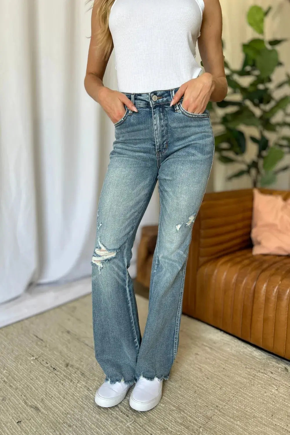 Plus Size Medium Rise Tummy Control Destroy Flare Judy Blue Jeans - Be Bliss Boutique