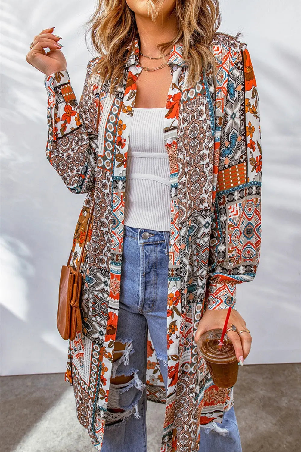 Printed Button Up Long Sleeve Cardigan - Be Bliss Boutique